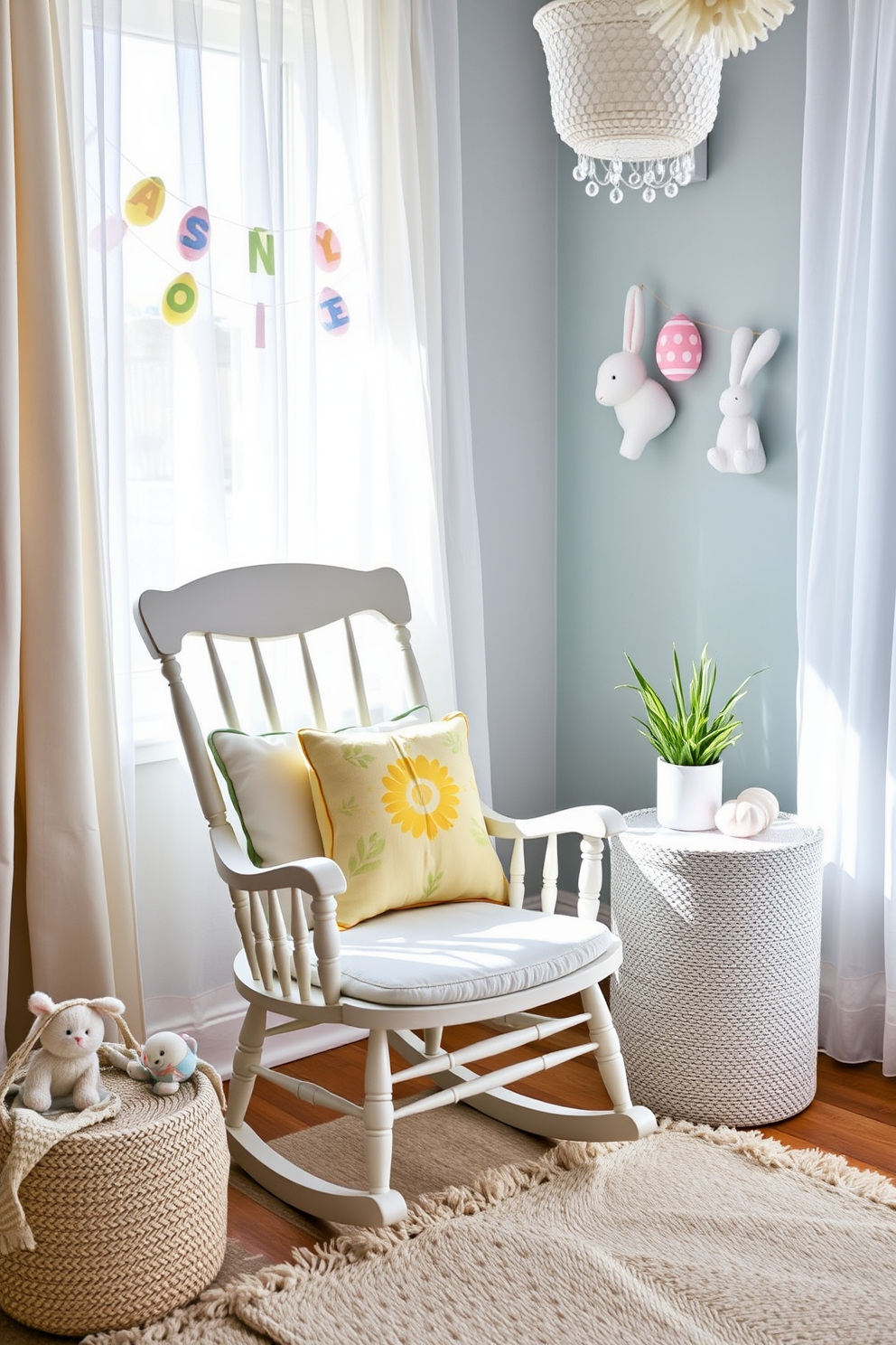 A charming rocking chair is placed in the corner of a cozy nursery. It features soft spring cushions in pastel colors, creating a welcoming and playful atmosphere. The nursery is adorned with Easter-themed decorations, including colorful eggs and bunny motifs. Soft, natural light filters through sheer curtains, enhancing the cheerful ambiance of the space.