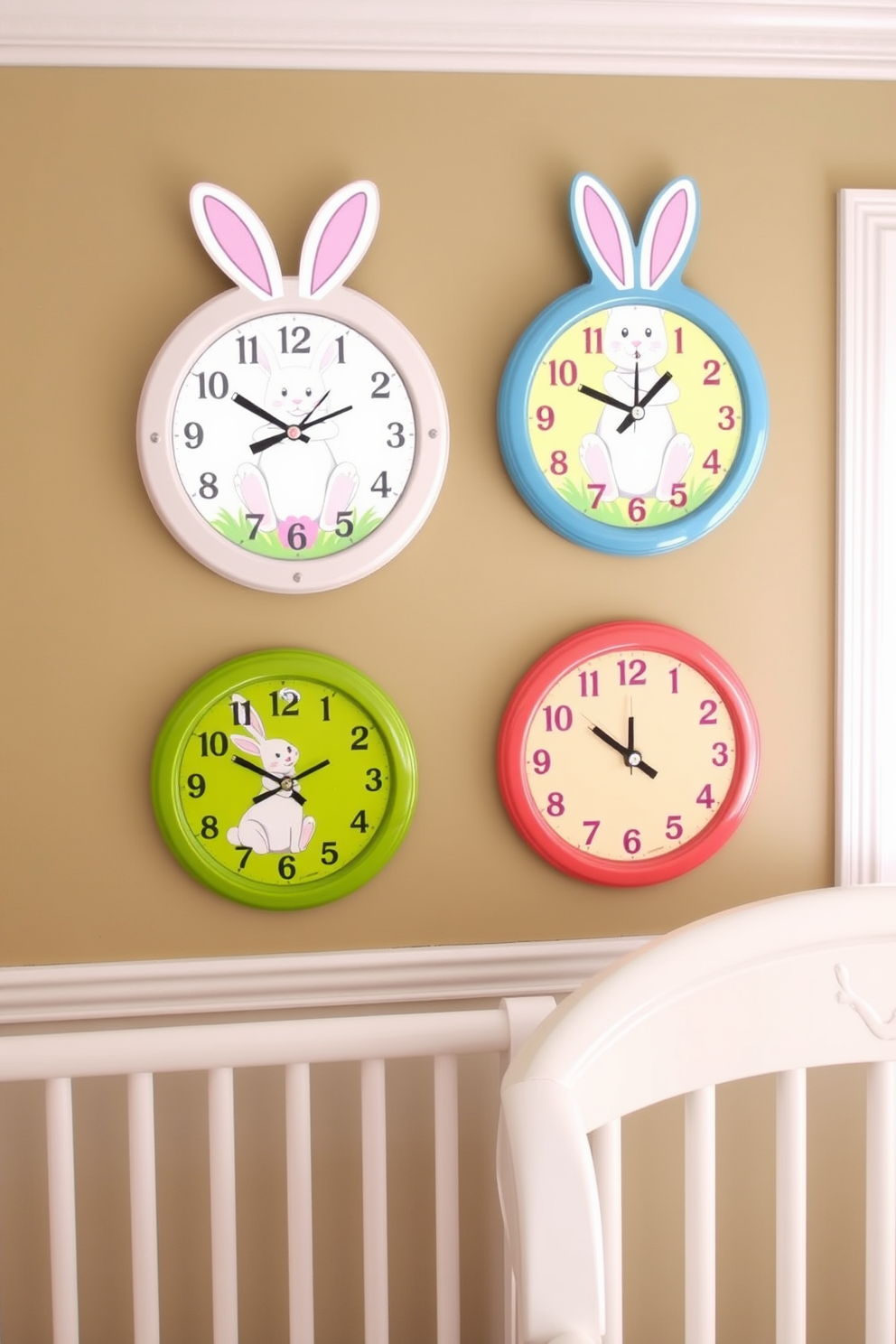 Colorful wall clocks with bunny designs adorn the nursery walls, creating a playful and cheerful atmosphere. Each clock features a unique bunny illustration, with vibrant colors that enhance the festive Easter theme throughout the room.