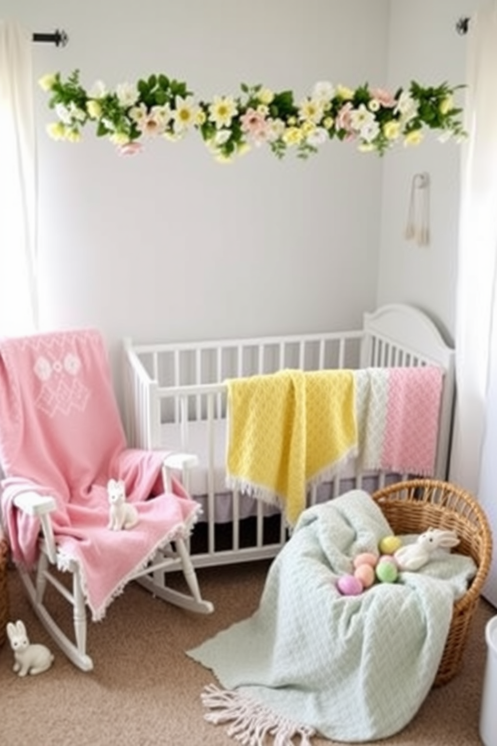 A cozy nursery adorned with seasonal throw blankets in soft pastel colors. The blankets are draped over a rocking chair and neatly folded in a woven basket, adding warmth and charm to the space. Easter decorations bring a playful touch to the nursery with delicate bunny figurines and colorful eggs. A cheerful garland of spring flowers hangs above the crib, creating a festive and inviting atmosphere.