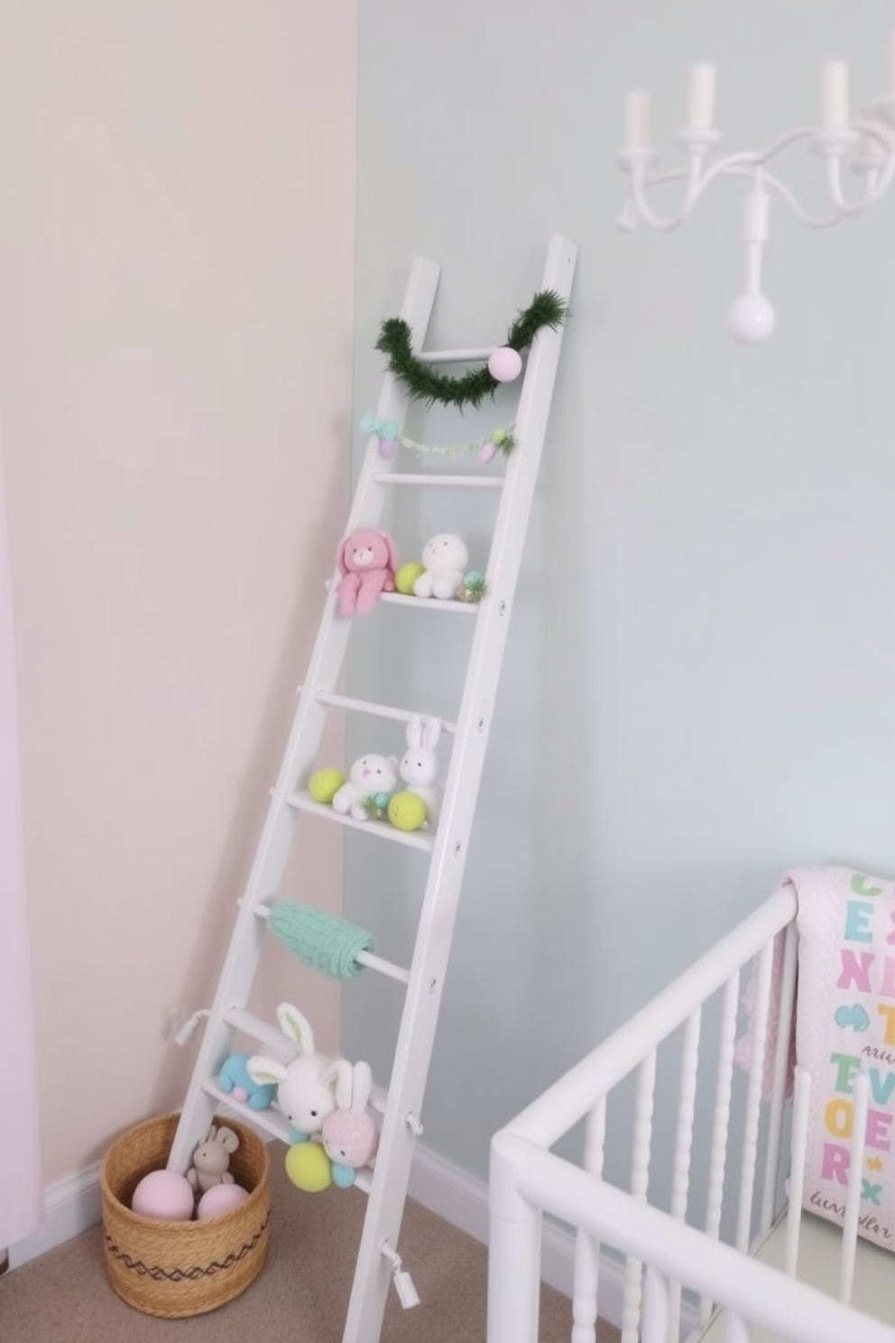 A charming nursery decorated for Easter features a decorative ladder leaning against a pastel-colored wall. The ladder is adorned with soft toys and colorful Easter decorations, creating a whimsical and inviting atmosphere.