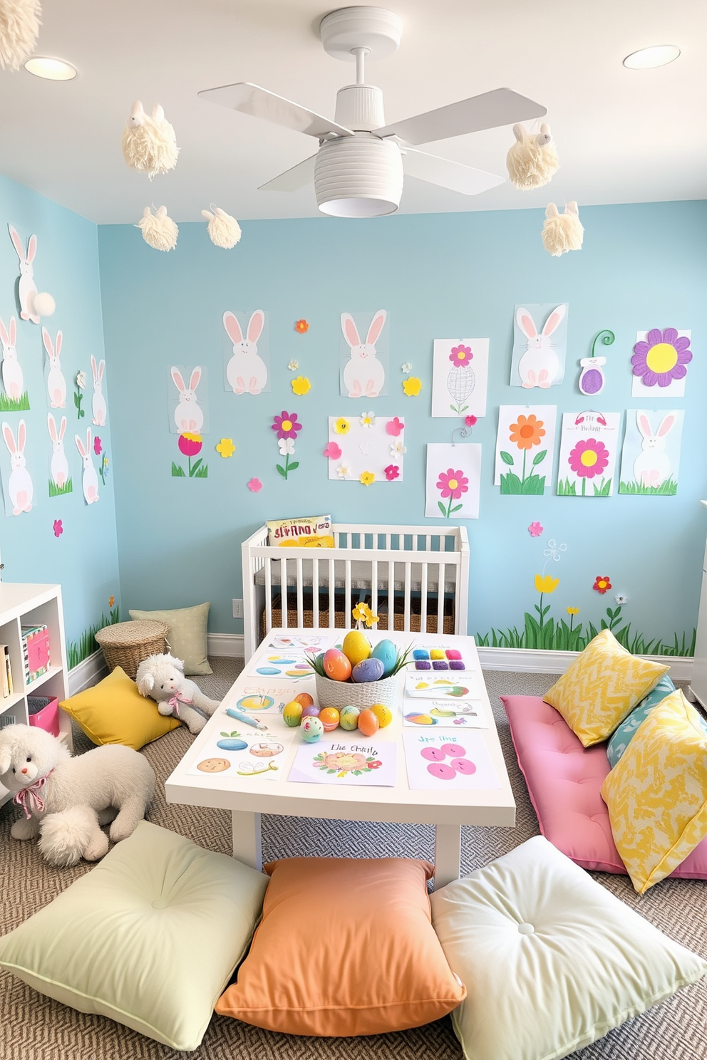 Easter themed art projects are displayed throughout a bright and cheerful nursery. The walls are adorned with pastel colored decorations featuring bunnies, eggs, and spring flowers. A large table in the center showcases children's artwork, including painted eggs and paper crafts. Soft plush toys and colorful cushions create a cozy reading nook for little ones to enjoy.