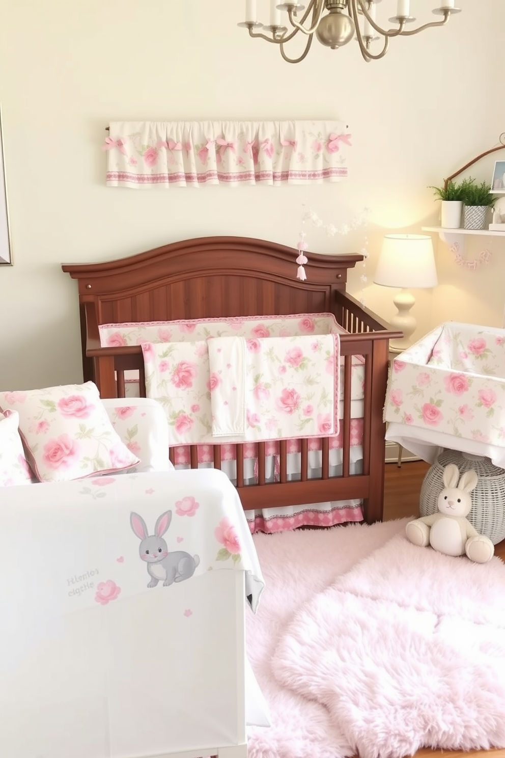 A charming nursery decorated for Easter features floral patterned crib bedding sets that create a soft and inviting atmosphere. The walls are painted in a gentle pastel hue, and a plush area rug complements the bedding while adding warmth to the space.