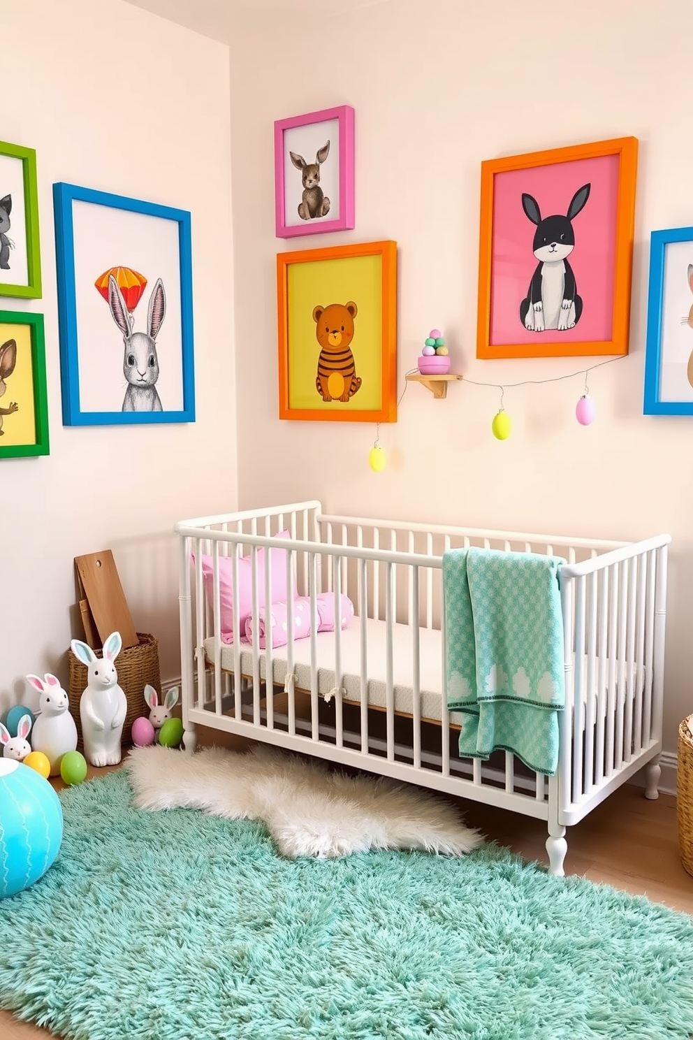 Cute animal prints in colorful frames adorn the walls of the nursery, creating a cheerful and playful atmosphere. The prints feature various adorable animals, each framed in bright, vibrant colors that complement the soft pastel tones of the room. Easter decorations add a festive touch, with pastel-colored eggs and bunny figurines placed strategically throughout the space. A cozy reading nook is enhanced with a fluffy rug and plush cushions, inviting little ones to enjoy storytime in a whimsical setting.