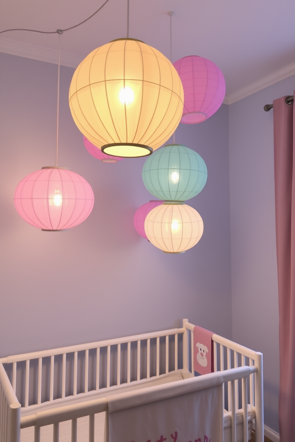 Hanging paper lanterns in soft pastel colors create a whimsical atmosphere in the nursery. The gentle glow of the lanterns adds warmth and charm, perfect for celebrating Easter.