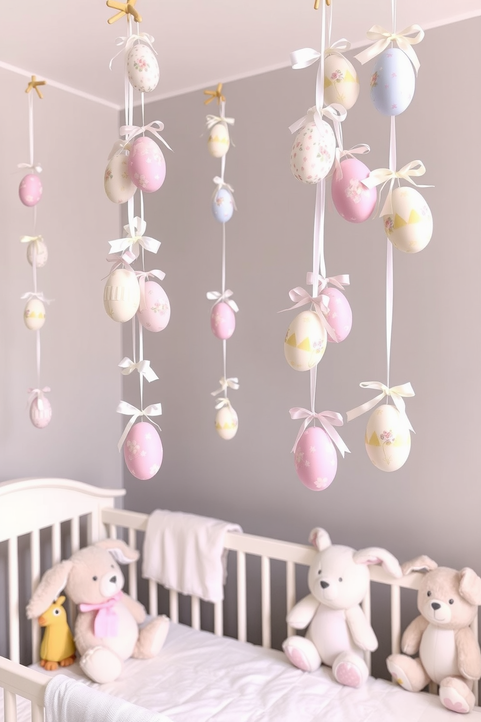 Easter egg garlands hang gracefully across the nursery walls, bringing a festive touch to the space. Each garland features a variety of pastel-colored eggs, intricately decorated with floral patterns and delicate ribbons. Soft, plush toys are scattered around the room, complementing the cheerful decor. The walls are painted in a light, soothing shade, creating a warm and inviting atmosphere for little ones.