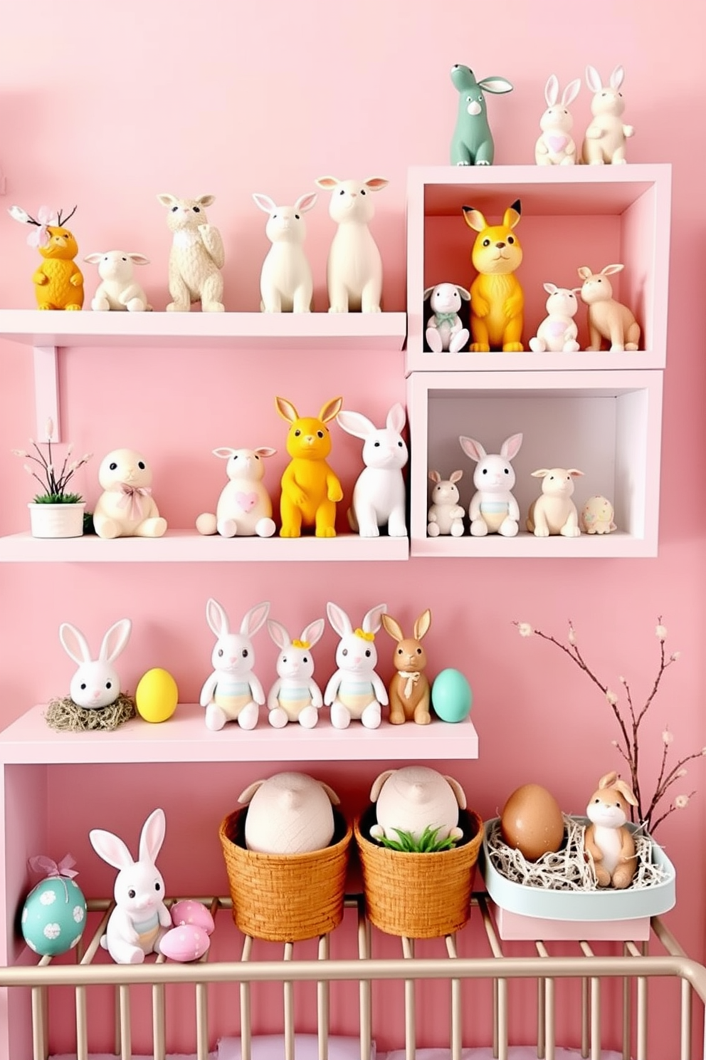 Cute animal figurines are arranged on shelves in a whimsical nursery setting. Soft pastel colors dominate the decor, creating a cheerful and inviting atmosphere for children. Easter decorations add a festive touch, featuring playful bunnies and colorful eggs strategically placed throughout the room. The overall design combines functionality with charm, making it a perfect space for little ones to play and explore.