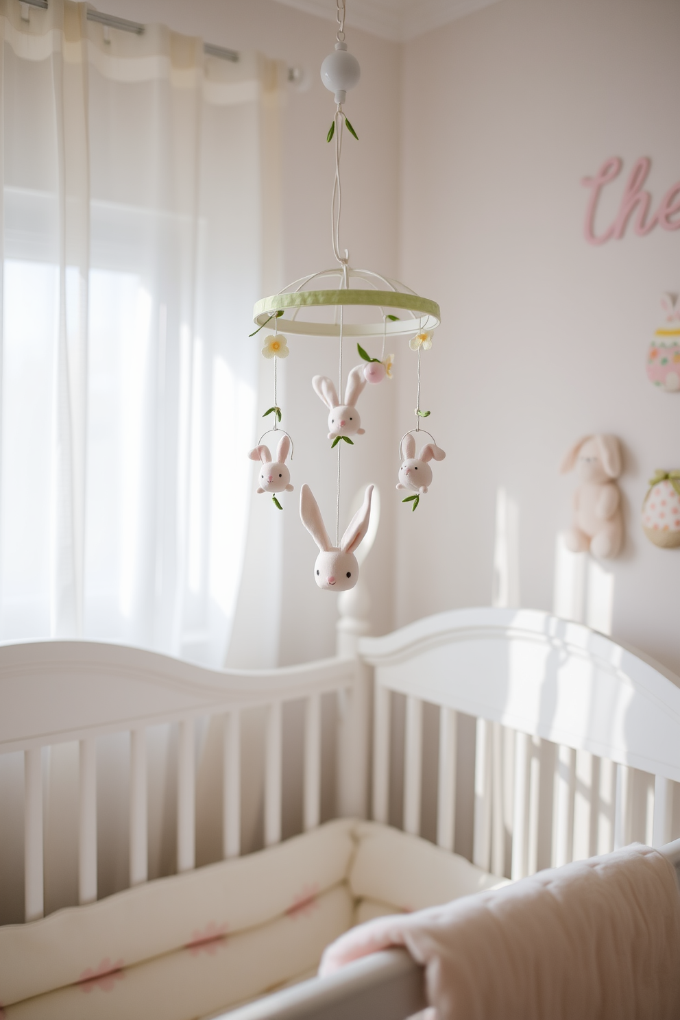 A whimsical spring-themed mobile hangs gracefully above the crib, featuring pastel-colored bunnies and delicate flowers. Soft light filters through sheer curtains, casting a gentle glow on the cheerful nursery decorated with Easter motifs.