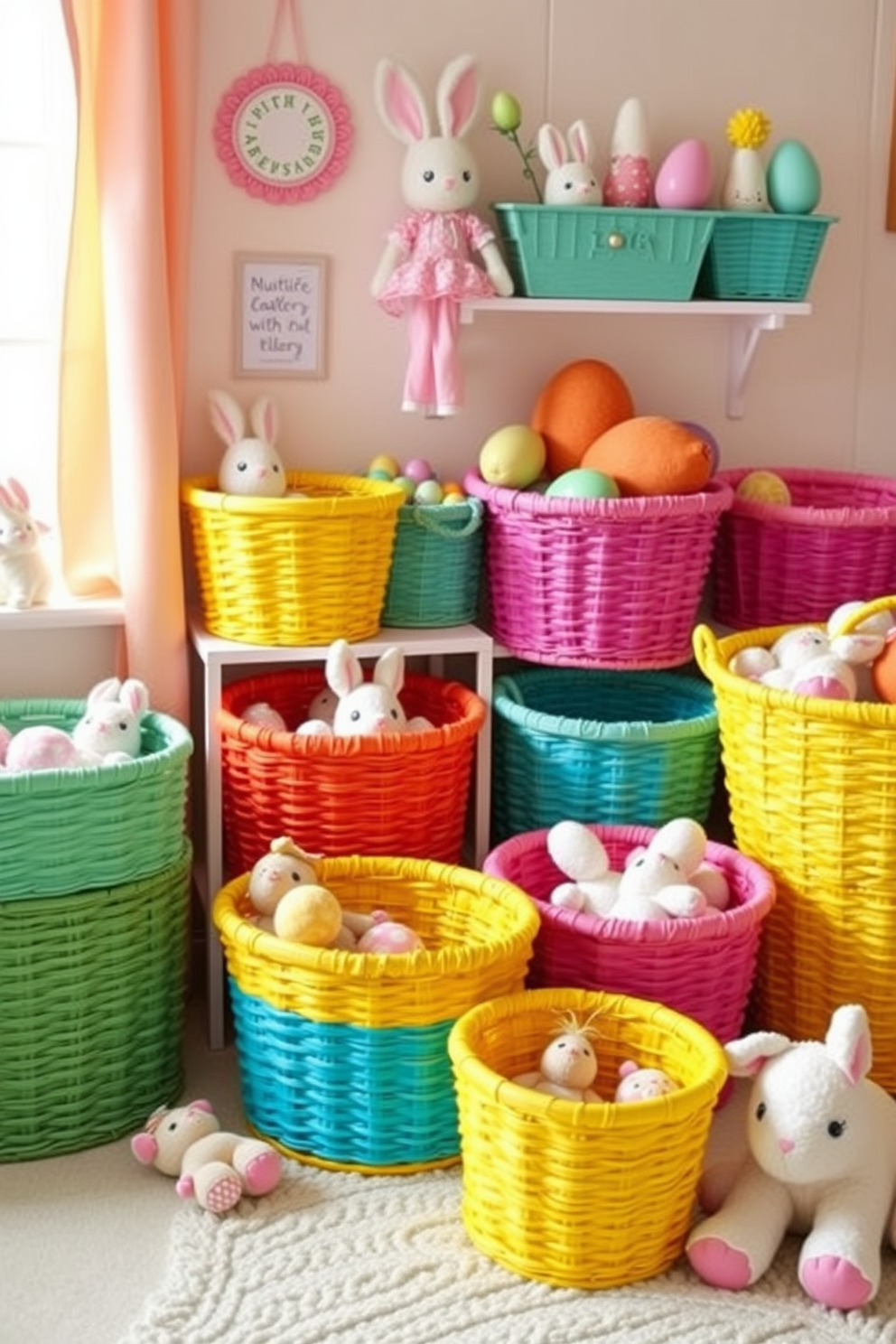 A bright and cheerful nursery filled with colorful baskets for toy storage. Each basket is woven in different vibrant shades, adding a playful touch to the room. Easter decorations adorn the space, featuring pastel-colored eggs and bunny figurines. Soft, plush toys are scattered around, enhancing the cozy atmosphere of the nursery.