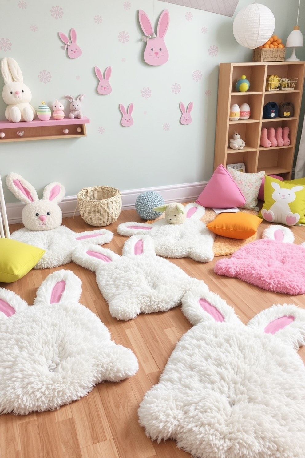 Fluffy bunny rugs are scattered across a bright and cheerful play area, inviting children to sit and play comfortably. The soft textures and playful designs create a whimsical atmosphere perfect for a nursery setting. Easter decorations adorn the walls with pastel colors and adorable bunny motifs, enhancing the festive spirit. Plush toys and colorful cushions complement the rugs, making the space cozy and inviting for little ones.