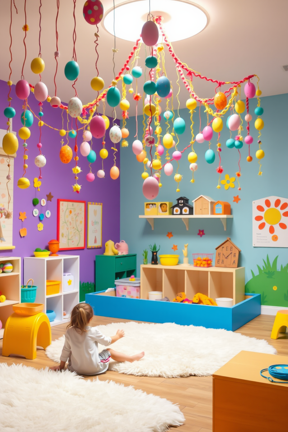 A vibrant playroom filled with joy and creativity. Colorful egg garlands hang from the ceiling, adding a festive touch to the space. The walls are adorned with playful artwork and bright, cheerful colors. Soft, plush rugs cover the floor, providing a cozy area for children to play and explore.