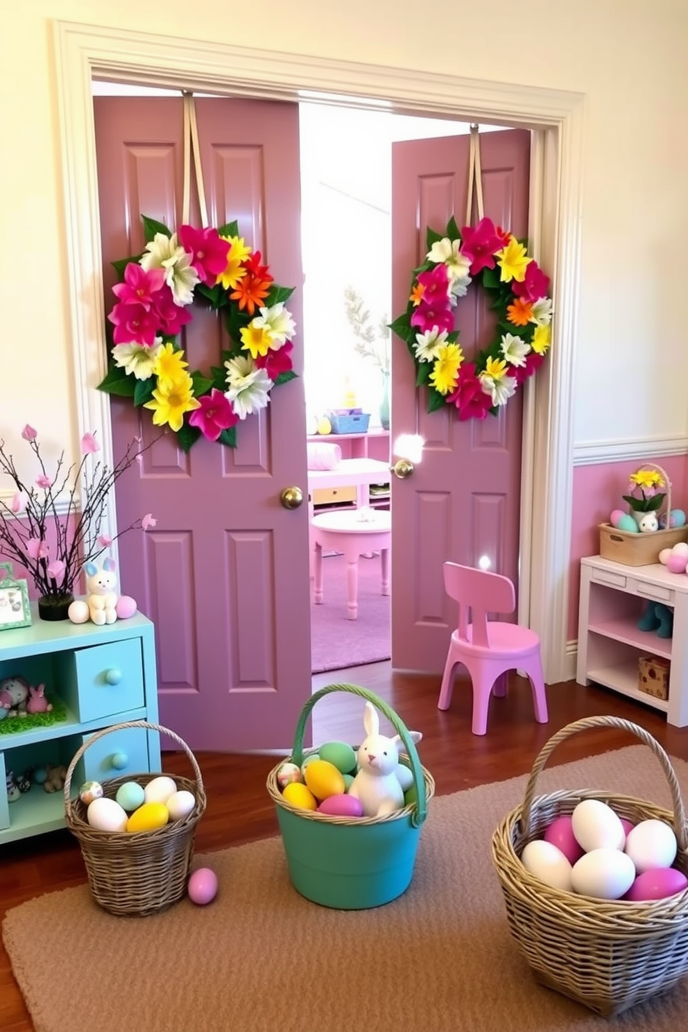 A charming playroom adorned with faux flower wreaths on the doors. The wreaths are vibrant and colorful, adding a cheerful touch to the space, while the playroom features soft pastel walls and playful furniture. Easter decorations are tastefully arranged throughout the room. Baskets filled with faux eggs and spring-themed accents enhance the festive atmosphere, creating a delightful environment for children to enjoy.