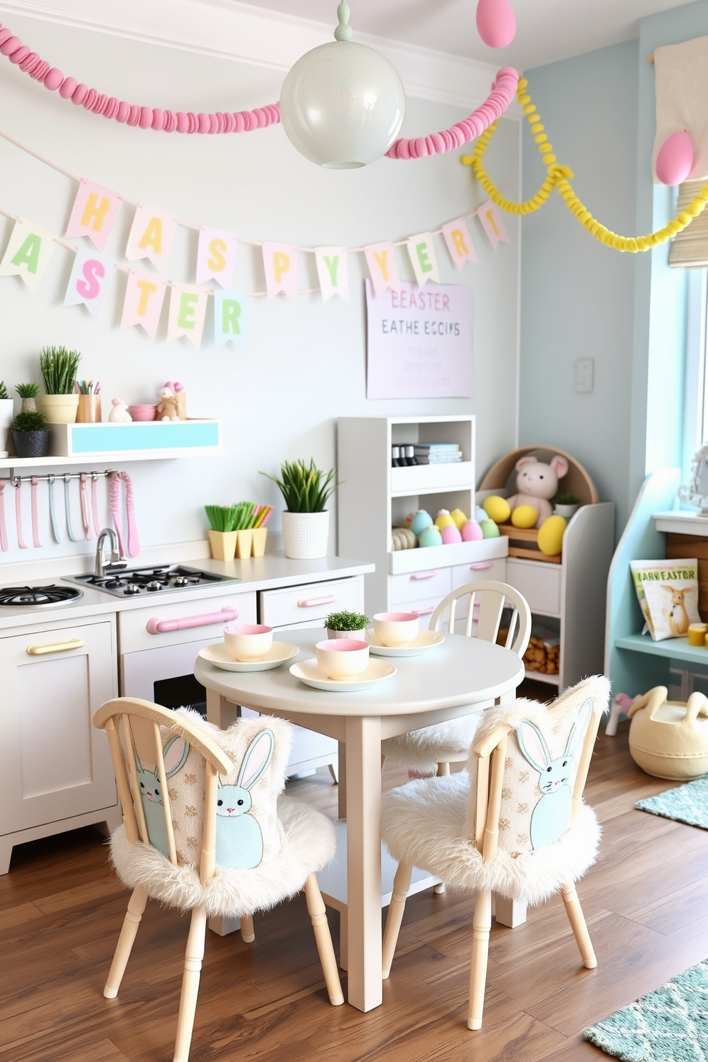 A charming play kitchen adorned with Easter decor features pastel-colored utensils and a miniature table set with bunny-themed plates. Soft, fluffy Easter-themed cushions are placed on the chairs, creating a festive atmosphere. The playroom is transformed with bright Easter decorating ideas, including cheerful banners and colorful egg garlands hanging from the ceiling. A cozy reading nook is filled with plush toys and books about Easter, inviting children to explore and enjoy.