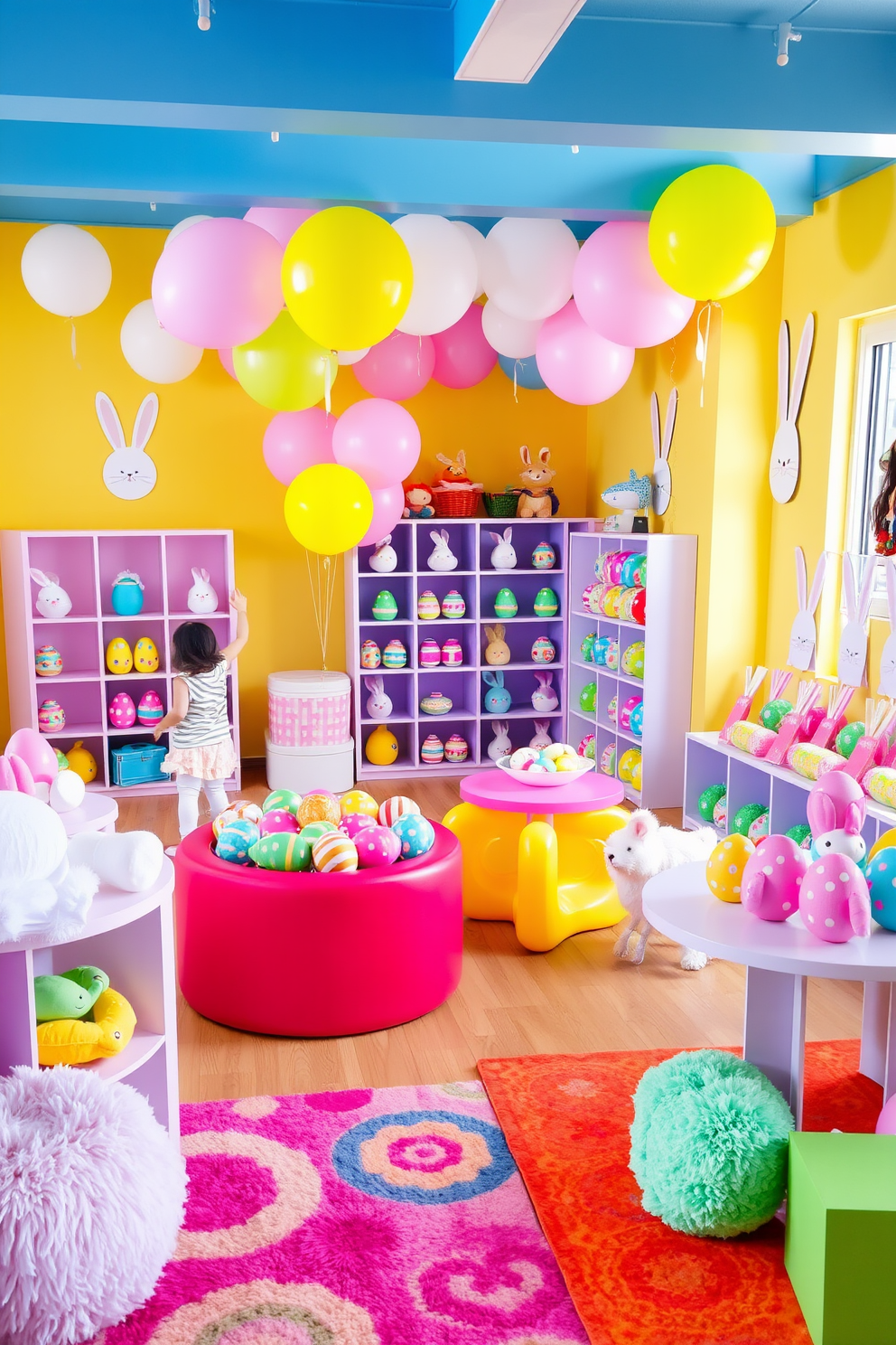 Interactive egg hunt setup in corners of a bright and colorful playroom. The space is filled with playful decorations like pastel balloons and bunny motifs, creating a festive atmosphere for children to enjoy. Easter themed decorations include a variety of egg designs displayed on shelves and tables. Soft plush toys and vibrant rugs enhance the playful vibe, making it an inviting area for kids to explore and celebrate.