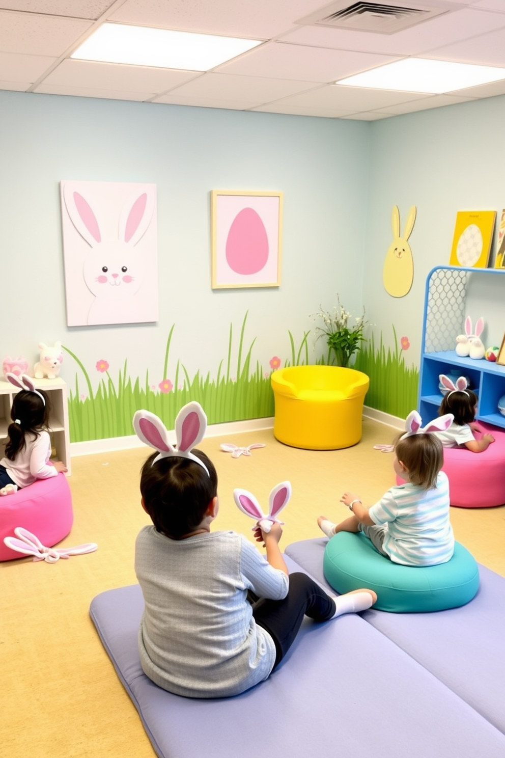 A playful playroom decorated for Easter features bright colors and whimsical designs. Bunny ear headbands are scattered throughout the space, inviting children to join in the festive fun. Soft pastel hues adorn the walls, complemented by cheerful wall art of bunnies and eggs. Plush seating areas are arranged for kids to relax and enjoy their creative activities.