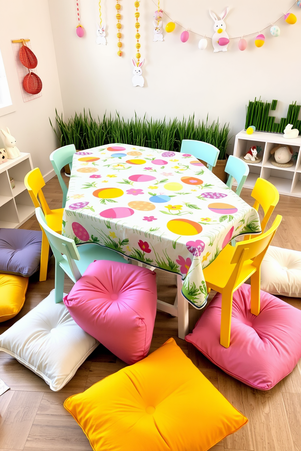 A vibrant Easter themed tablecloth is spread across a large craft table adorned with colorful eggs and spring flowers. The table is surrounded by cheerful chairs in pastel colors, creating a playful atmosphere for crafting activities. The playroom features whimsical Easter decorations including bunny figurines and garlands made of paper eggs. Soft cushions in various shapes and colors are scattered around the floor, inviting children to sit and enjoy the festive decor.