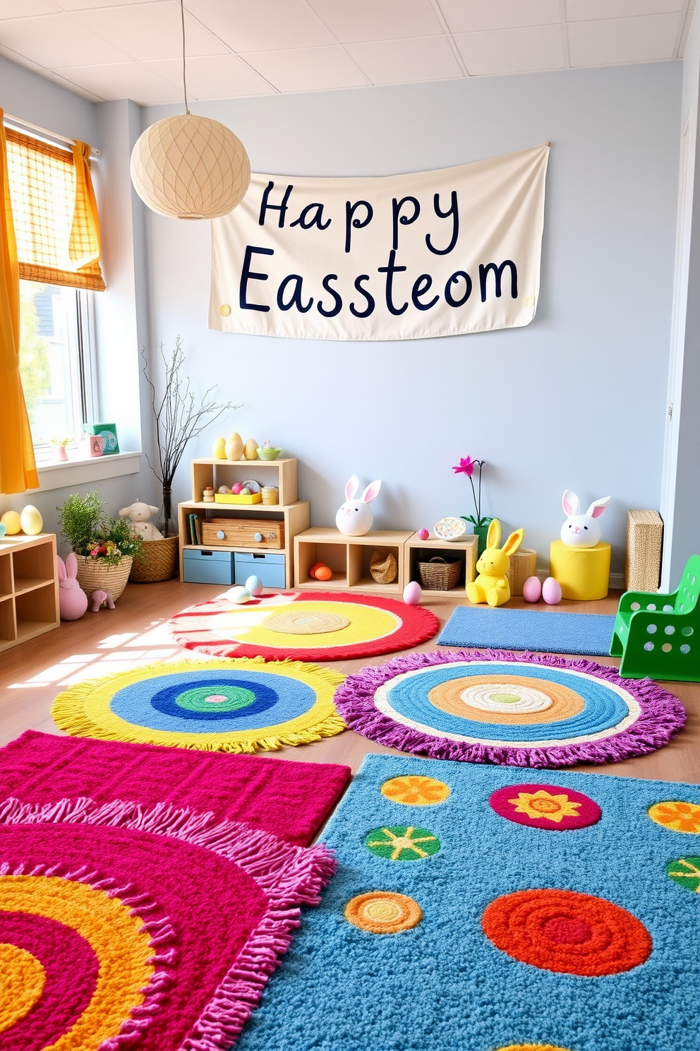 A vibrant playroom filled with colorful rugs that add warmth and cheer to the space. The rugs feature playful patterns and bright colors, creating a fun and inviting atmosphere for children to explore and play. Easter decorations are thoughtfully arranged throughout the playroom, with pastel-colored bunnies and eggs enhancing the festive spirit. A large, cheerful banner hangs on the wall, celebrating the joy of the season and inviting creativity and imagination.