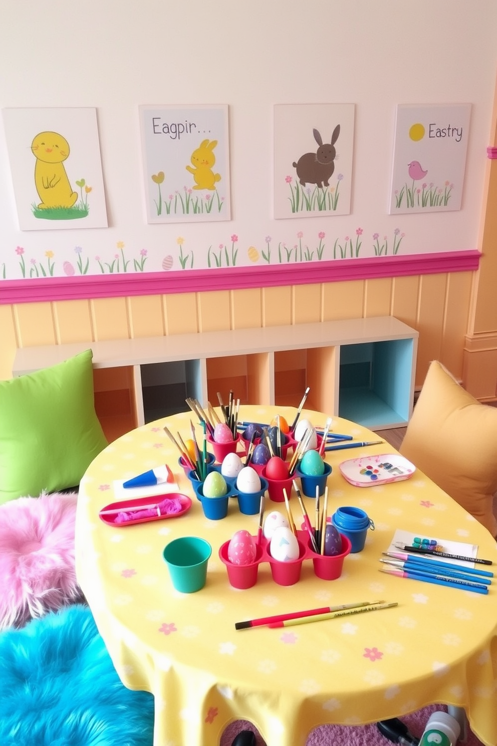 A playful DIY egg painting station is set up in a bright and colorful playroom. The table is covered with a cheerful tablecloth, and various paints, brushes, and decorated eggs are neatly arranged for kids to enjoy. Wall decorations feature whimsical Easter-themed artwork, enhancing the festive atmosphere. Soft, plush seating is available for children to relax while they wait for their turn to paint.