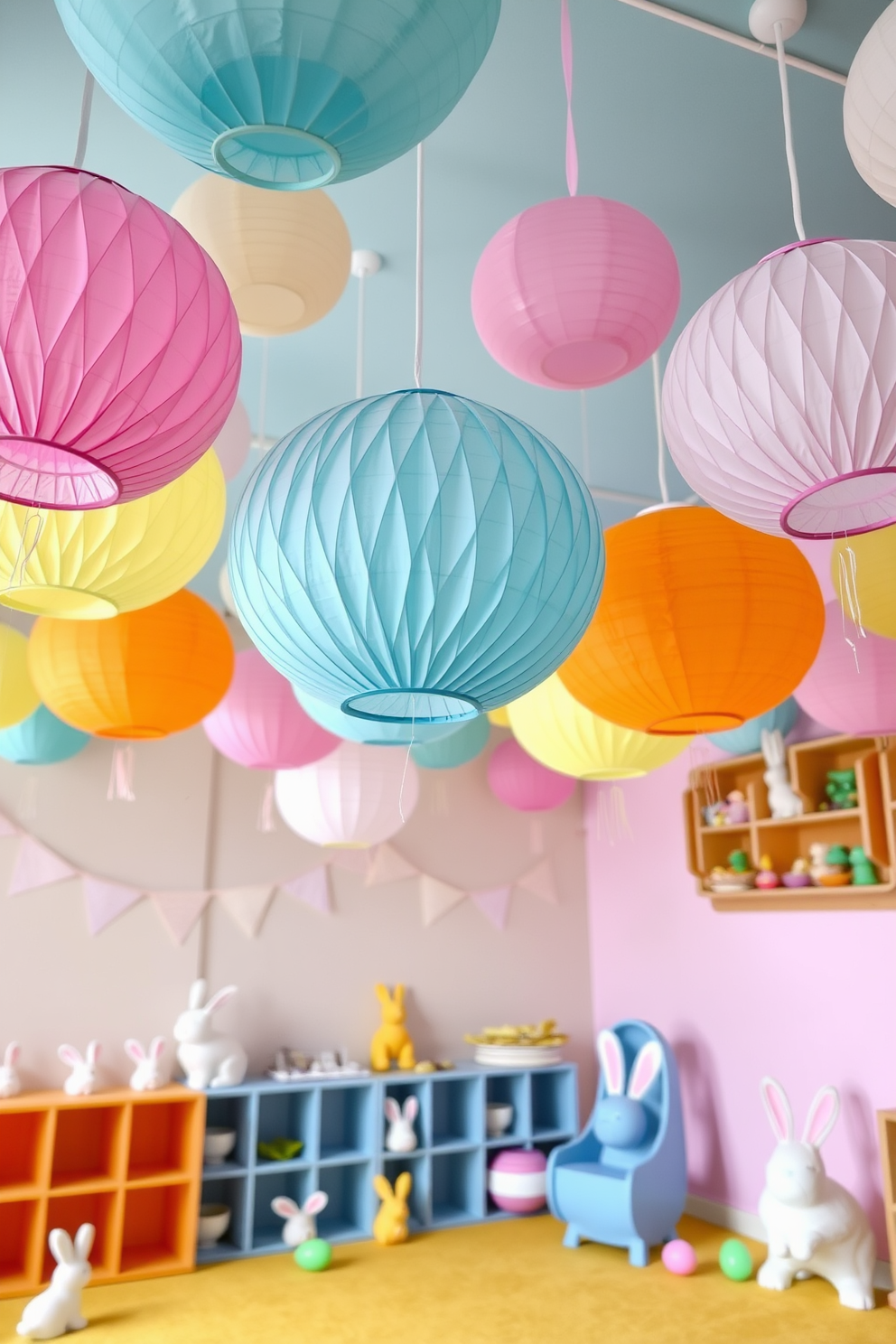 A vibrant playroom filled with hanging paper lanterns in soft spring colors creates a cheerful atmosphere. The space features playful decorations that celebrate Easter, including pastel-colored eggs and bunny motifs scattered throughout.