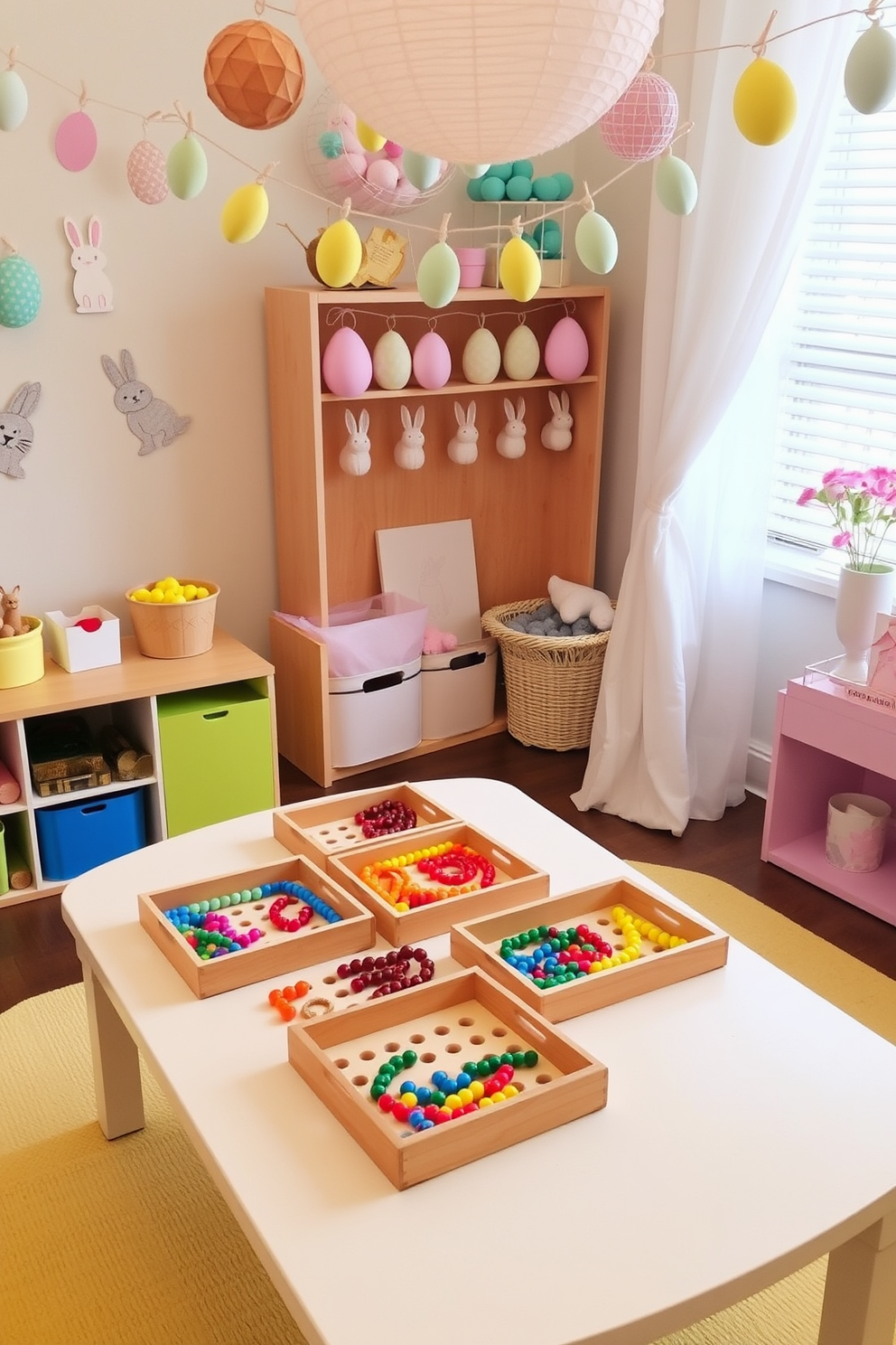 A charming playroom designed for educational play features wooden counting trays arranged on a low table. The trays are filled with colorful counting beads, encouraging children to engage in hands-on learning. For Easter decorating ideas, the playroom is adorned with pastel-colored decorations and playful bunny motifs. A cheerful garland of paper eggs hangs across the room, adding a festive touch to the space.