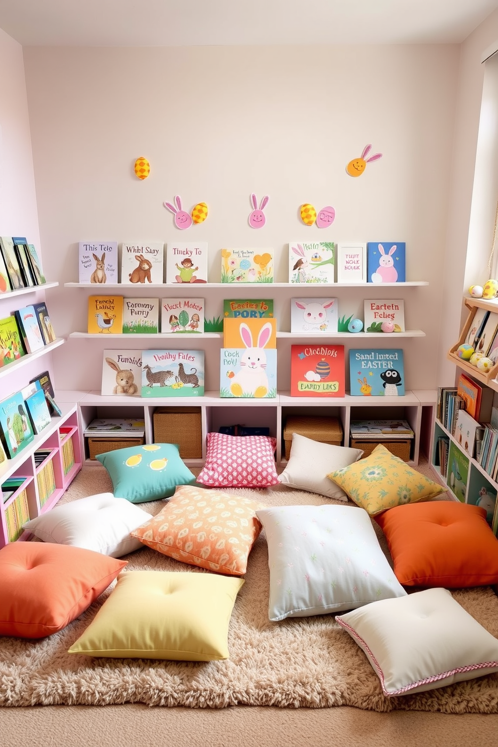 A cozy playroom filled with seasonal books displayed on colorful shelves. The walls are painted in a soft pastel color, and a plush rug covers the floor, creating a welcoming environment. Easter decorations adorn the space, featuring cheerful bunnies and vibrant eggs. A playful arrangement of cushions in various shapes and sizes invites children to sit and enjoy storytime.