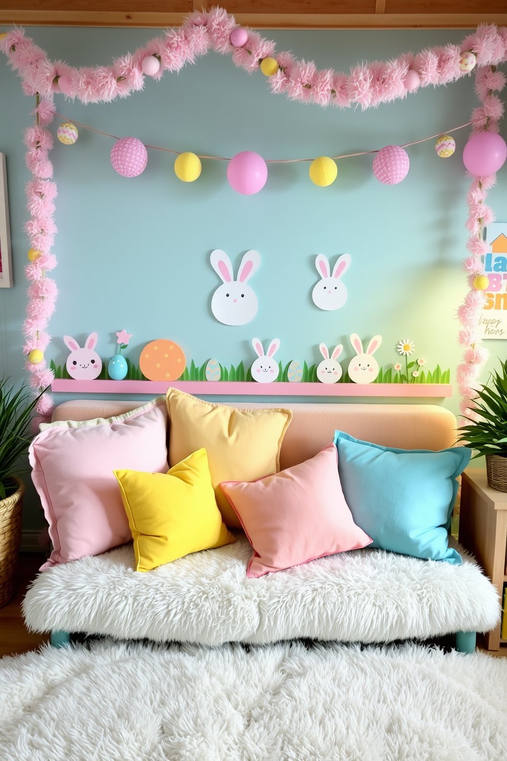 Cozy seating area adorned with pastel colored cushions in soft pinks, blues, and yellows. The cushions are arranged on a plush sofa, inviting relaxation and playfulness in a vibrant playroom. Easter themed decorations create a festive atmosphere with pastel colored eggs and cheerful bunnies. The space is enhanced with playful garlands and colorful artwork, celebrating the spirit of the holiday.