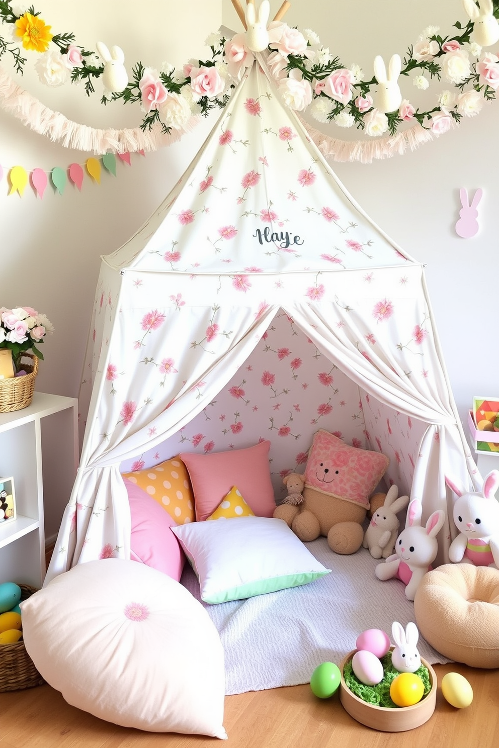 A whimsical play tent adorned with delicate floral patterns creates a magical atmosphere for children. The tent is surrounded by colorful cushions and plush toys, inviting imaginative play and cozy gatherings. The playroom is transformed for Easter with cheerful decorations featuring pastel colors and playful bunnies. Festive garlands and egg-themed accents add a joyful touch, making the space perfect for holiday celebrations.