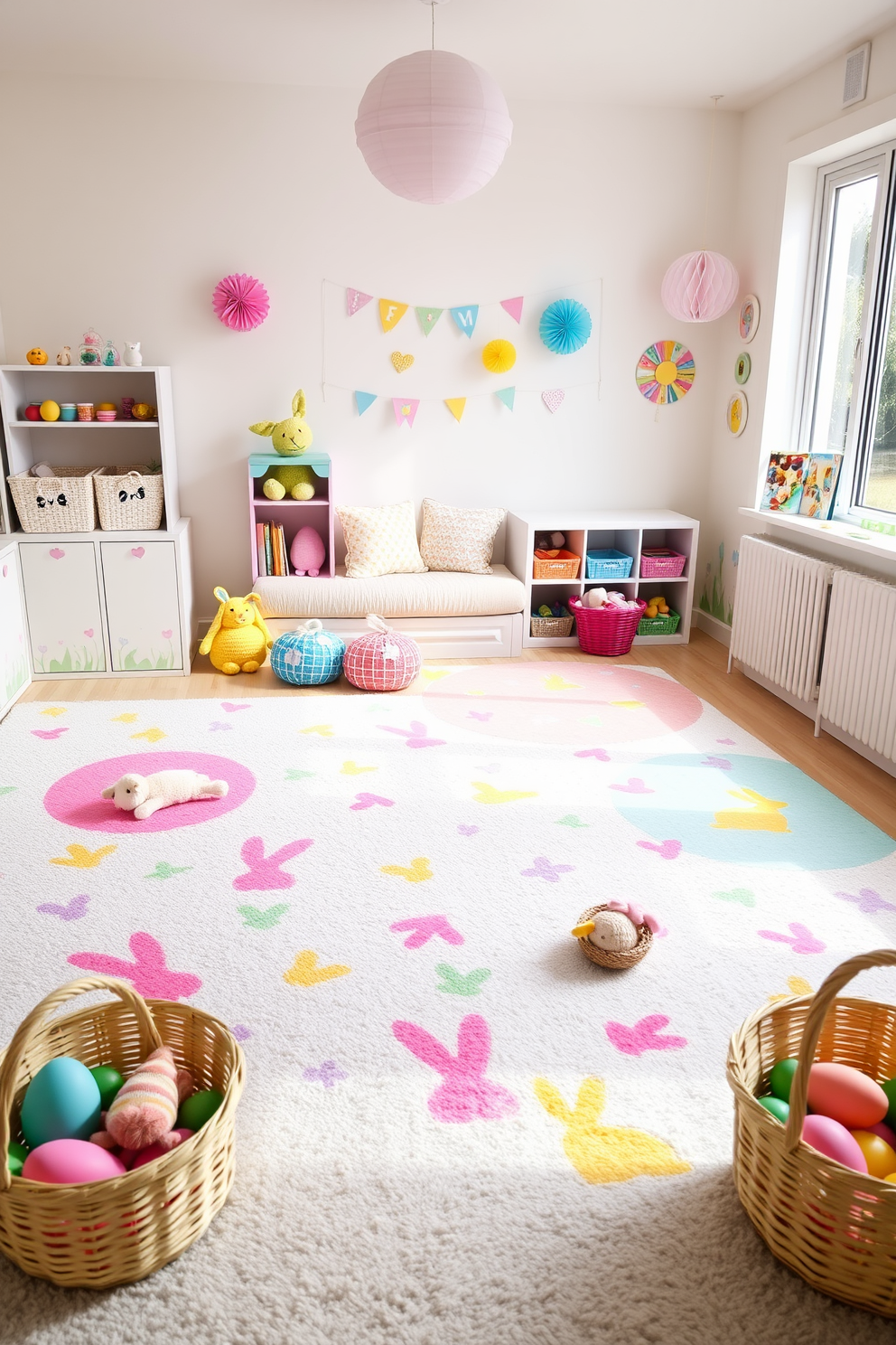 A vibrant playroom filled with Easter-themed play mats featuring colorful bunnies and eggs scattered across a soft, plush surface. The walls are adorned with pastel-colored decorations, and a large window lets in natural light, creating a cheerful atmosphere. In one corner, a cozy reading nook is set up with plush cushions and a small bookshelf filled with Easter-themed stories. Brightly colored baskets filled with toys and stuffed animals add to the festive decor, inviting children to play and explore.