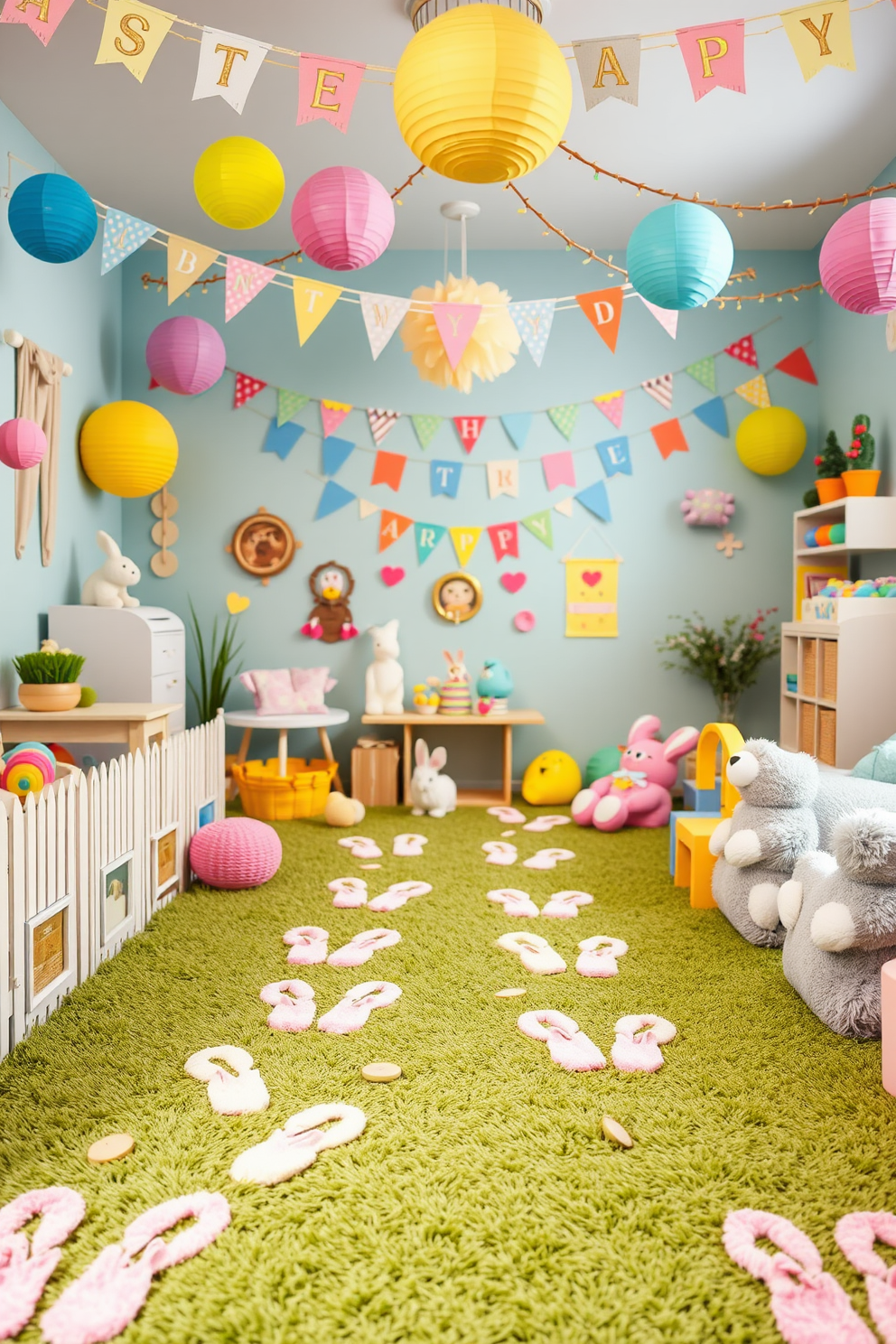 A whimsical playroom filled with colorful decorations for Easter. Bunny footprints made of soft pastel colors lead to a surprise area adorned with festive banners and playful toys.