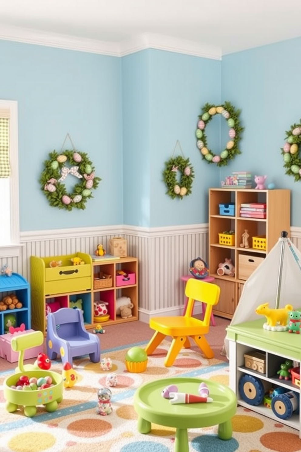 Create a vibrant playroom adorned with decorative egg wreaths hanging on the walls. The space is filled with colorful toys and playful furnishings, creating a cheerful atmosphere perfect for Easter celebrations.