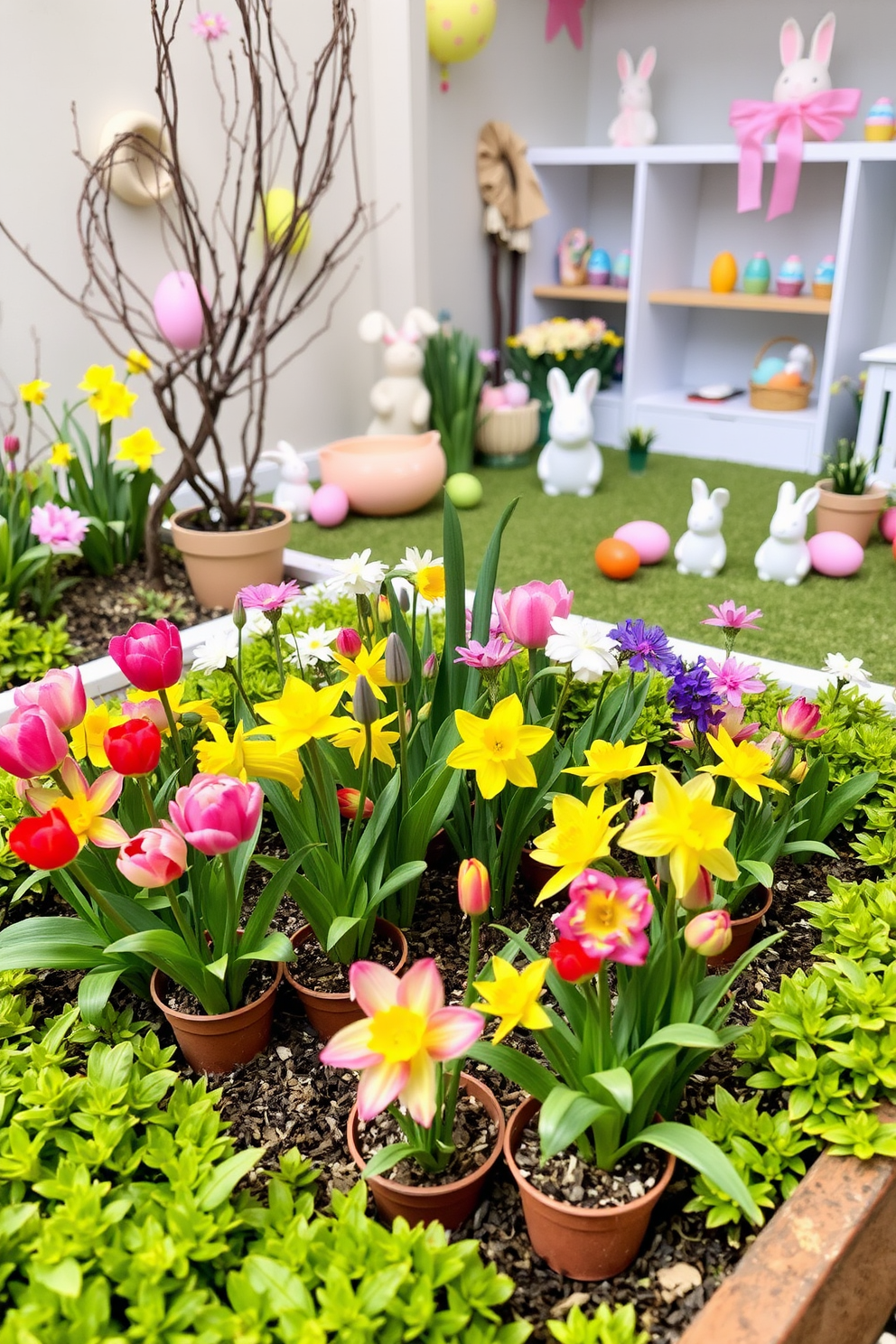 A charming miniature garden filled with vibrant spring flowers. The garden features a variety of colorful blooms, including tulips and daffodils, arranged in small pots and nestled among lush green foliage. A whimsical playroom designed for Easter celebrations. The space is adorned with playful decorations, including pastel-colored eggs and bunny figurines, creating a festive and inviting atmosphere for children.