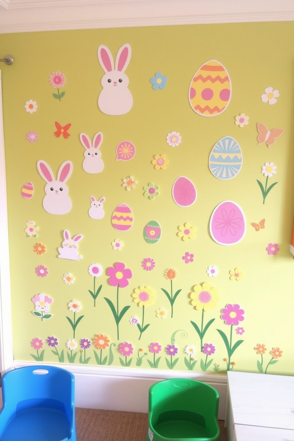 Create a playful and colorful wall decor featuring a variety of Easter themed stickers. Include designs such as bunnies, eggs, and spring flowers to enhance the cheerful atmosphere of the playroom.