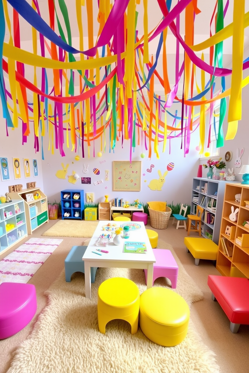 A vibrant playroom filled with colorful streamers hanging from the ceiling creates a festive atmosphere. The walls are adorned with playful artwork and the floor is covered with soft, plush rugs for comfort. Easter-themed decorations are scattered throughout the space, including pastel-colored eggs and bunny motifs. A large table in the center is set up for crafting activities, surrounded by cheerful seating options.