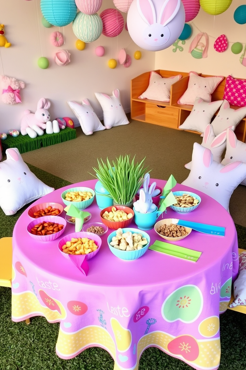 A themed table setup for snacks features a vibrant tablecloth adorned with colorful patterns. The table is arranged with an assortment of decorative plates, bowls filled with various snacks, and playful napkins in bright hues. The playroom is transformed for Easter with pastel-colored decorations and cheerful bunny motifs. Plush toys and themed cushions are scattered around, creating a cozy and festive atmosphere for children to enjoy.