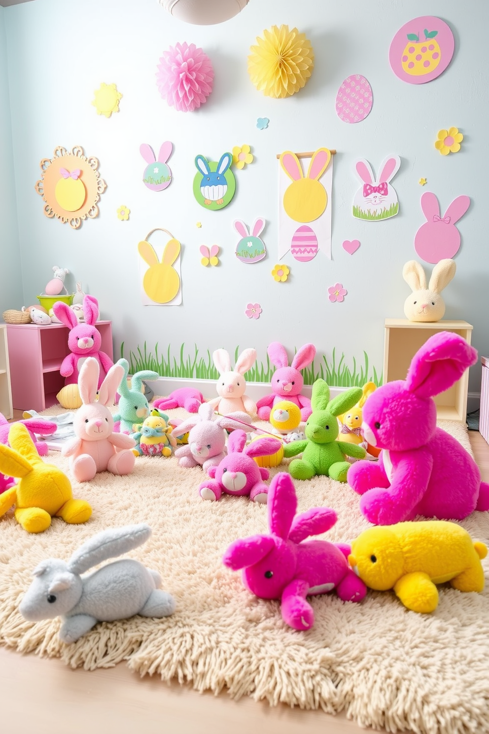 A vibrant playroom filled with colorful Bunny plush toys scattered across a soft, plush rug. The walls are adorned with cheerful Easter-themed decorations, featuring pastel colors and playful designs that create a festive atmosphere.