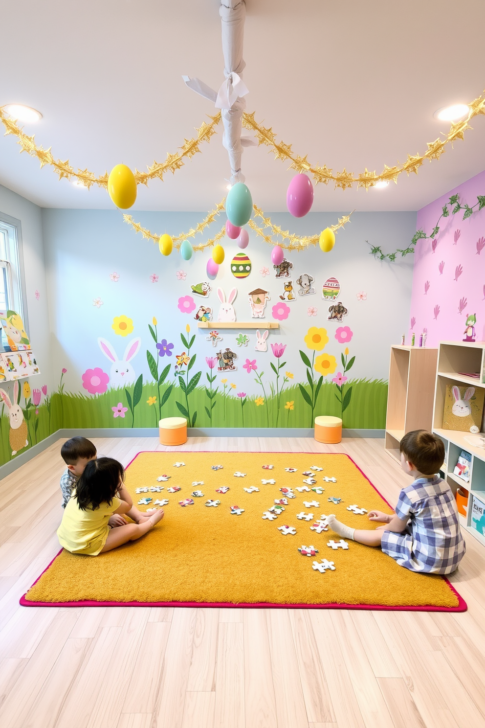 A vibrant playroom filled with spring-themed puzzles designed for kids. The walls are adorned with pastel colors and playful artwork featuring bunnies and flowers. In the center, a large, colorful rug provides a comfortable spot for children to gather and solve puzzles. Easter decorations like hanging eggs and garlands add a festive touch to the cheerful atmosphere.