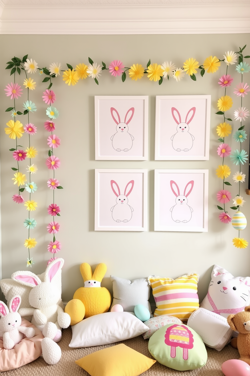 Easter themed wall art featuring pastel colored bunnies and decorated eggs hung in a playful arrangement. The prints are framed in white with soft edges, creating a cheerful atmosphere in the playroom. Brightly colored garlands made of paper flowers and Easter eggs drape across the walls, adding a festive touch. Plush toys and cushions in the shape of Easter symbols are scattered around the space for added comfort and fun.