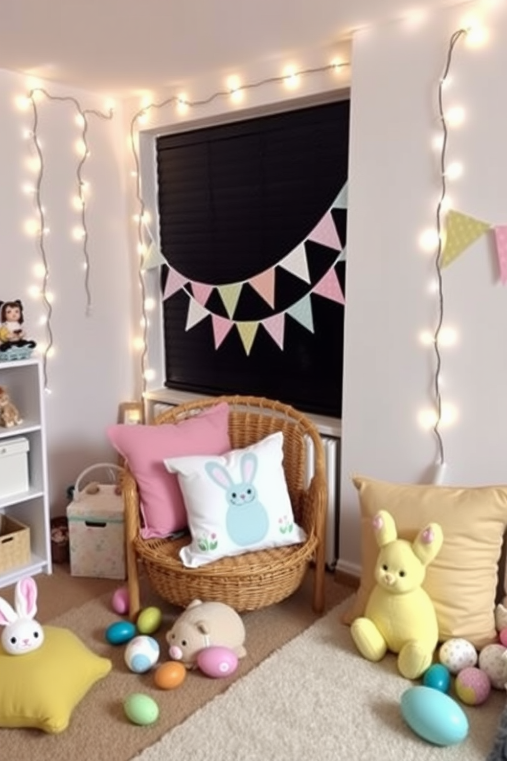 Decorative fairy lights create a warm and inviting atmosphere in the playroom. They are strung along the walls and draped over furniture, casting a soft glow that enhances the playful decor. Easter decorating ideas for the playroom include pastel-colored bunting and themed cushions. Plush bunnies and colorful eggs are scattered throughout, adding a festive touch to the space.