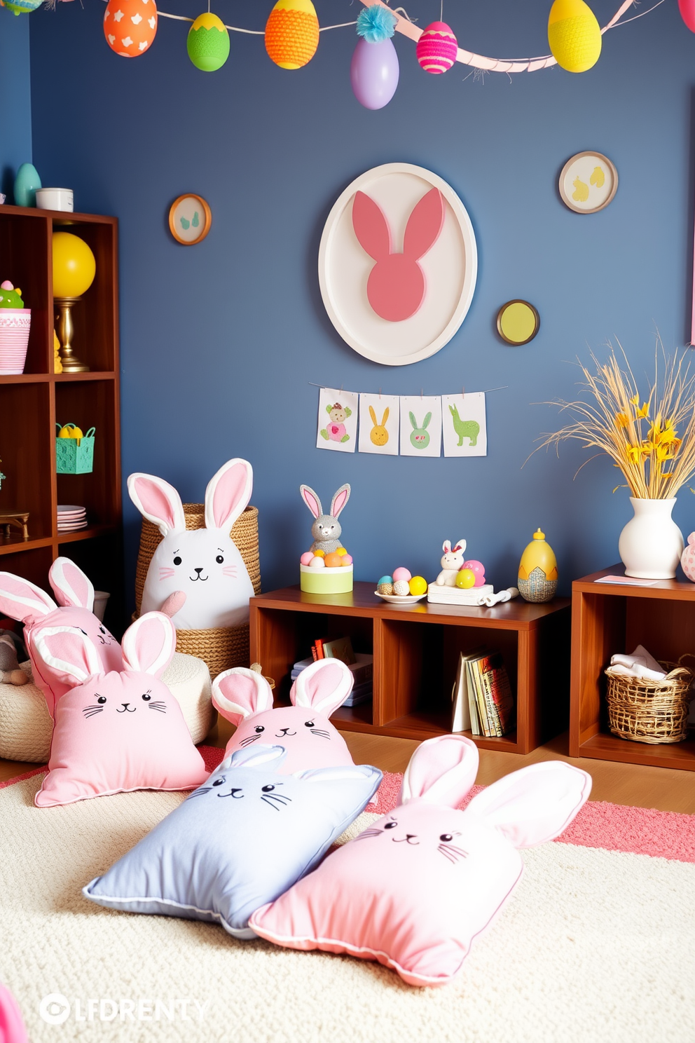 Bunny shaped pillows are scattered across a cozy playroom, adding a playful touch to the vibrant decor. The space is adorned with colorful Easter decorations, creating a cheerful and inviting atmosphere for children to enjoy.