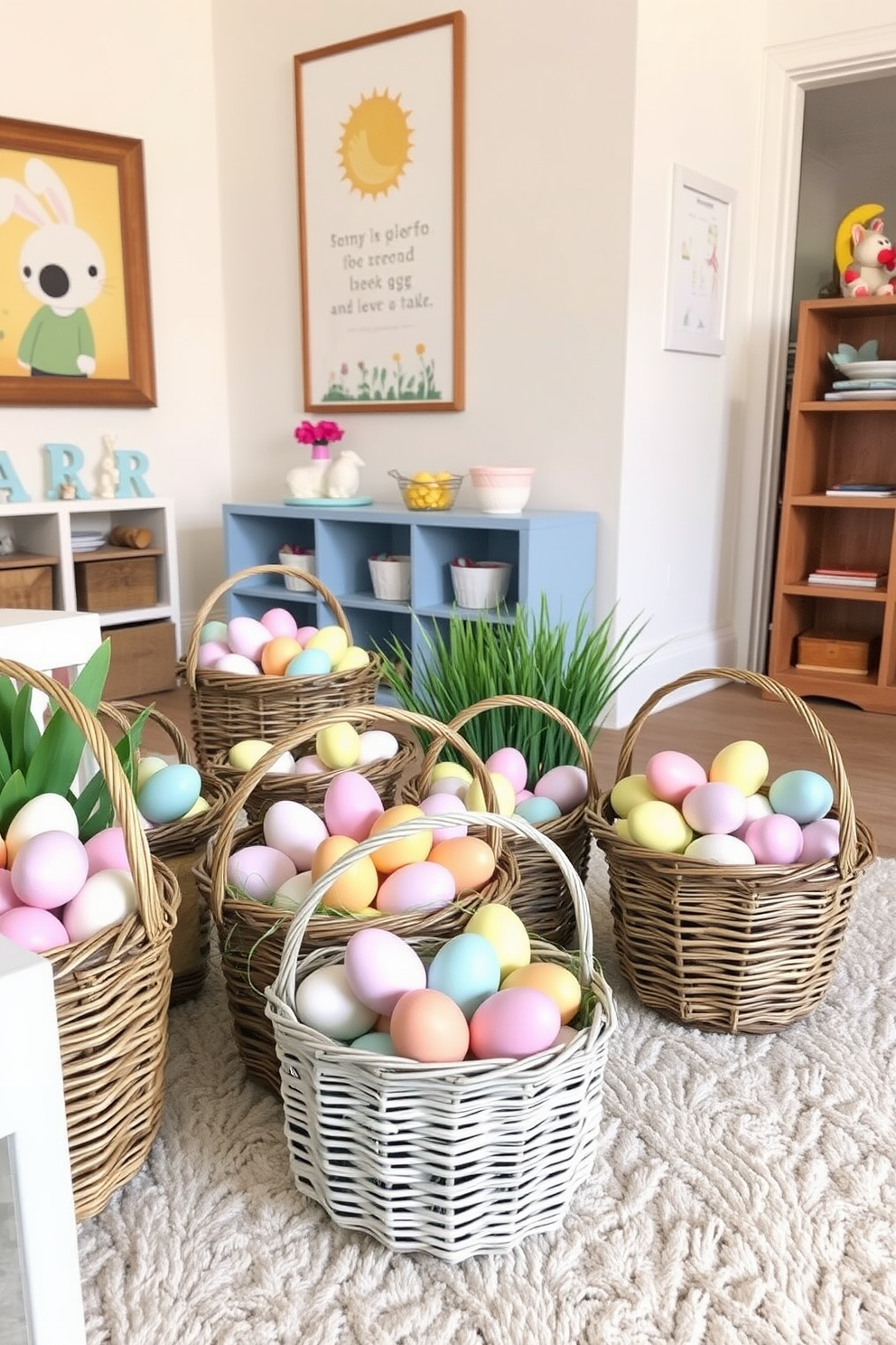 A playful playroom setting filled with decorative baskets overflowing with faux eggs in various pastel colors. The walls are adorned with cheerful artwork, and a soft area rug provides a cozy space for children to play.