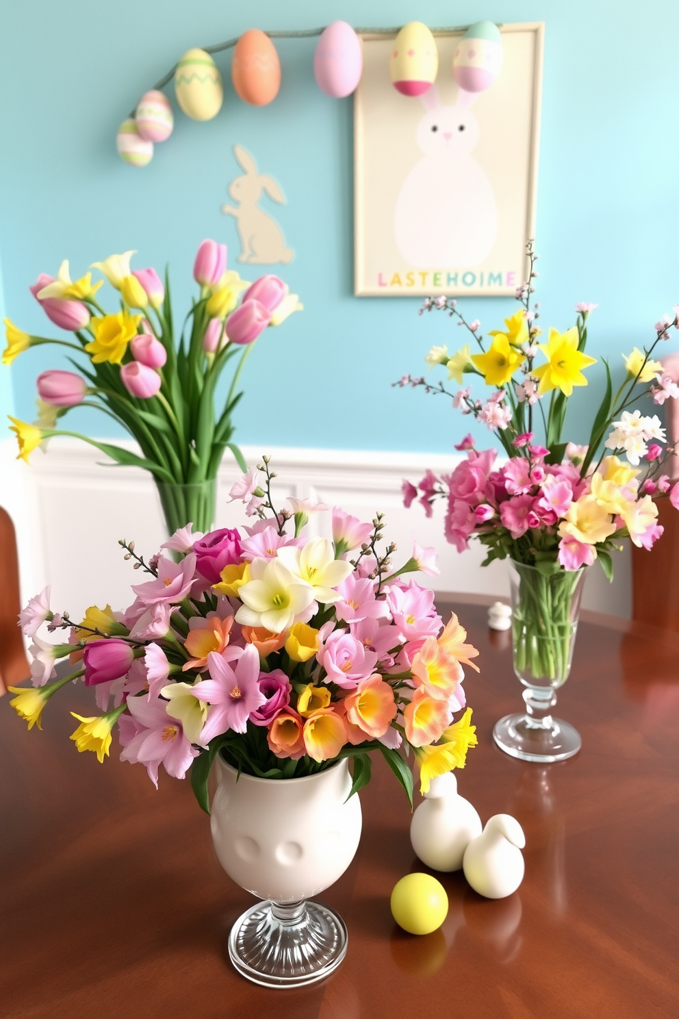 Spring flower arrangements on tables create a vibrant and refreshing atmosphere. Use a mix of tulips, daffodils, and cherry blossoms in elegant vases to enhance the decor. Playroom Easter decorating ideas can include colorful egg garlands and playful bunny motifs. Incorporate soft pastel colors and fun wall art to create an inviting and cheerful space for children.