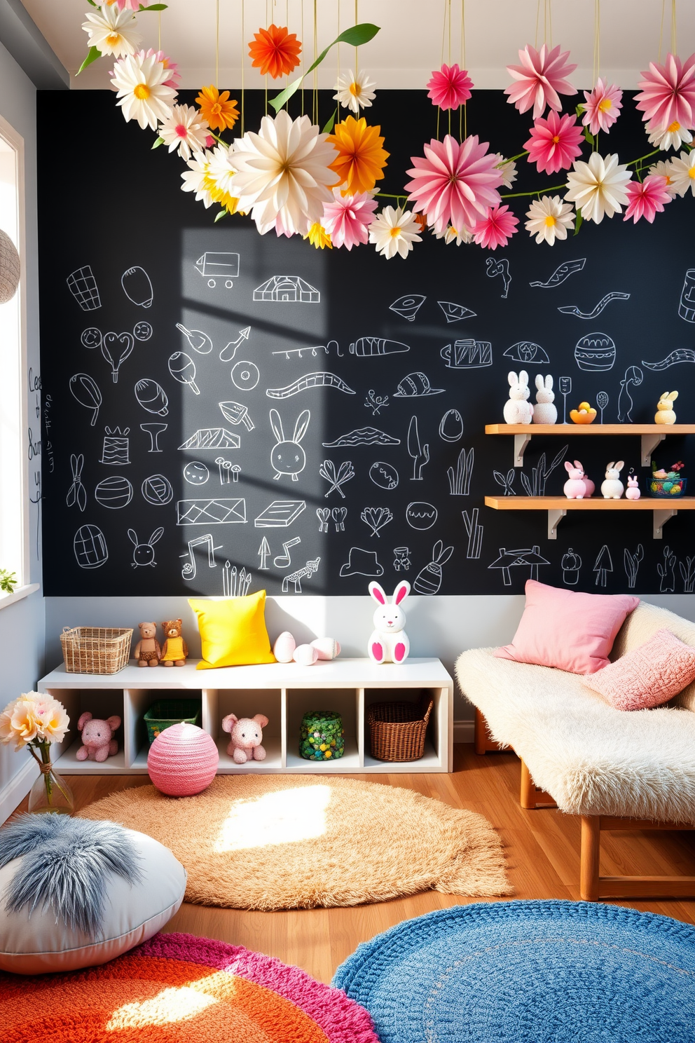 A playful playroom features a large chalkboard wall that invites children to unleash their creativity with colorful drawings. The space is filled with soft, plush seating and vibrant rugs, creating a warm and inviting atmosphere for imaginative play. Easter decorations bring a festive touch to the playroom, with pastel-colored eggs and cheerful bunnies adorning the shelves. A whimsical garland of paper flowers hangs from the ceiling, adding a splash of color and joy to the playful environment.