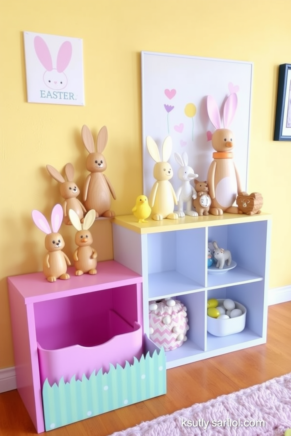 A cheerful playroom setting featuring wooden bunny and chick figurines arranged on a bright colored shelf. The walls are adorned with pastel Easter-themed artwork and the floor is covered with a soft, colorful rug for a cozy atmosphere.