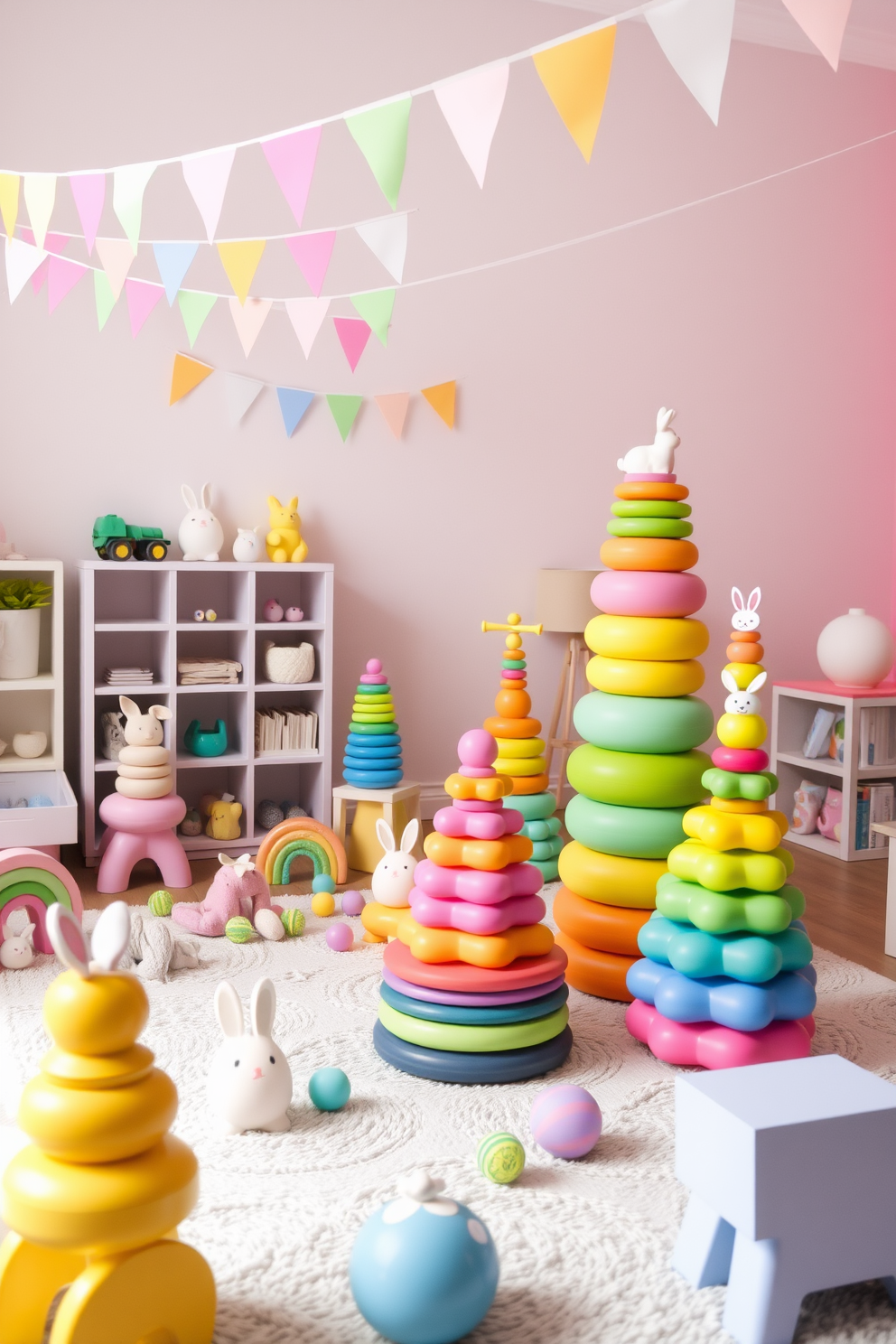 A vibrant playroom filled with rainbow stacker toys in pastel colors creates a cheerful and inviting atmosphere. The walls are painted in soft hues, and a cozy rug provides a comfortable play area for children. Easter decorations enhance the playful vibe with colorful eggs and bunny motifs scattered throughout the space. A whimsical garland of pastel-colored flags hangs above, adding a festive touch to the playful environment.