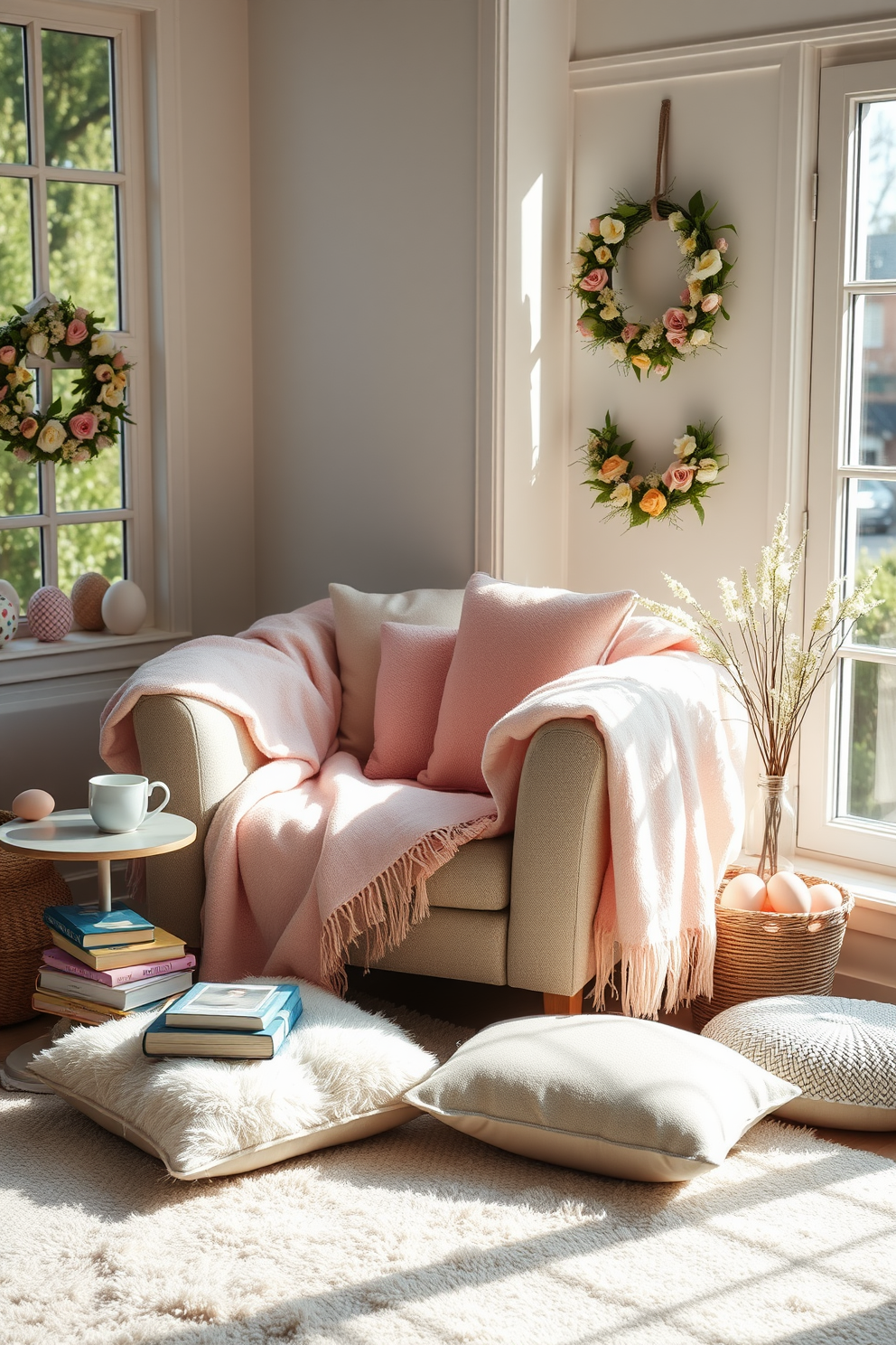 Cozy armchair adorned with soft pastel throw blankets nestled in a sunlit corner. A small side table next to the armchair holds a steaming cup of tea and a stack of colorful books. Reading nook designed with a plush rug and floor cushions creating a warm atmosphere. Large windows allow natural light to flood the space, enhancing the inviting ambiance. Easter decorating ideas featuring pastel-colored eggs and floral arrangements. Delicate wreaths made of spring flowers hang on the walls, adding a festive touch to the cozy setting.