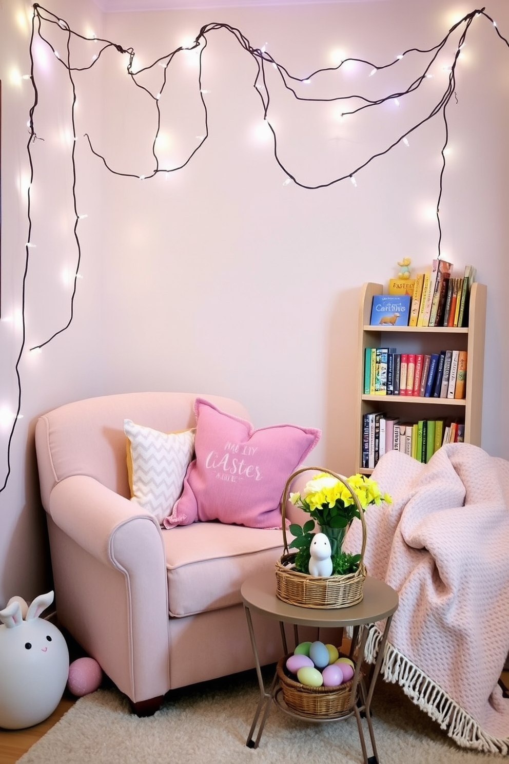 A cozy reading nook adorned with whimsical fairy lights creates a magical atmosphere. A plush armchair in soft pastels is positioned next to a small wooden bookshelf filled with colorful storybooks. For Easter decorating ideas, the nook features pastel-colored cushions and a decorative throw blanket. A small table holds a basket filled with Easter eggs and a vase of fresh spring flowers.