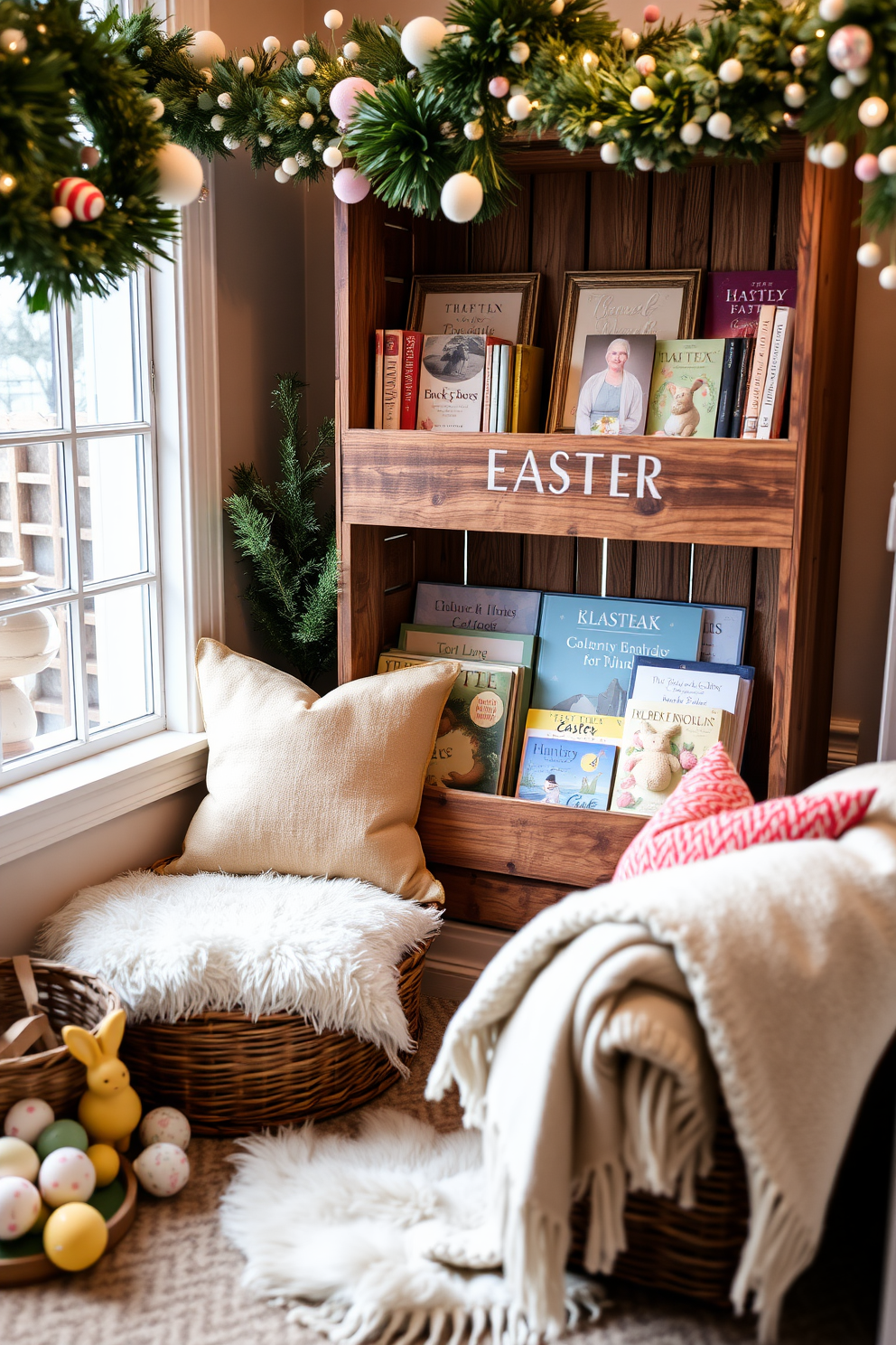 A cozy reading nook featuring a wooden crate filled with seasonal books. Soft cushions and a warm throw blanket invite you to relax and enjoy the festive Easter decorations surrounding the space.