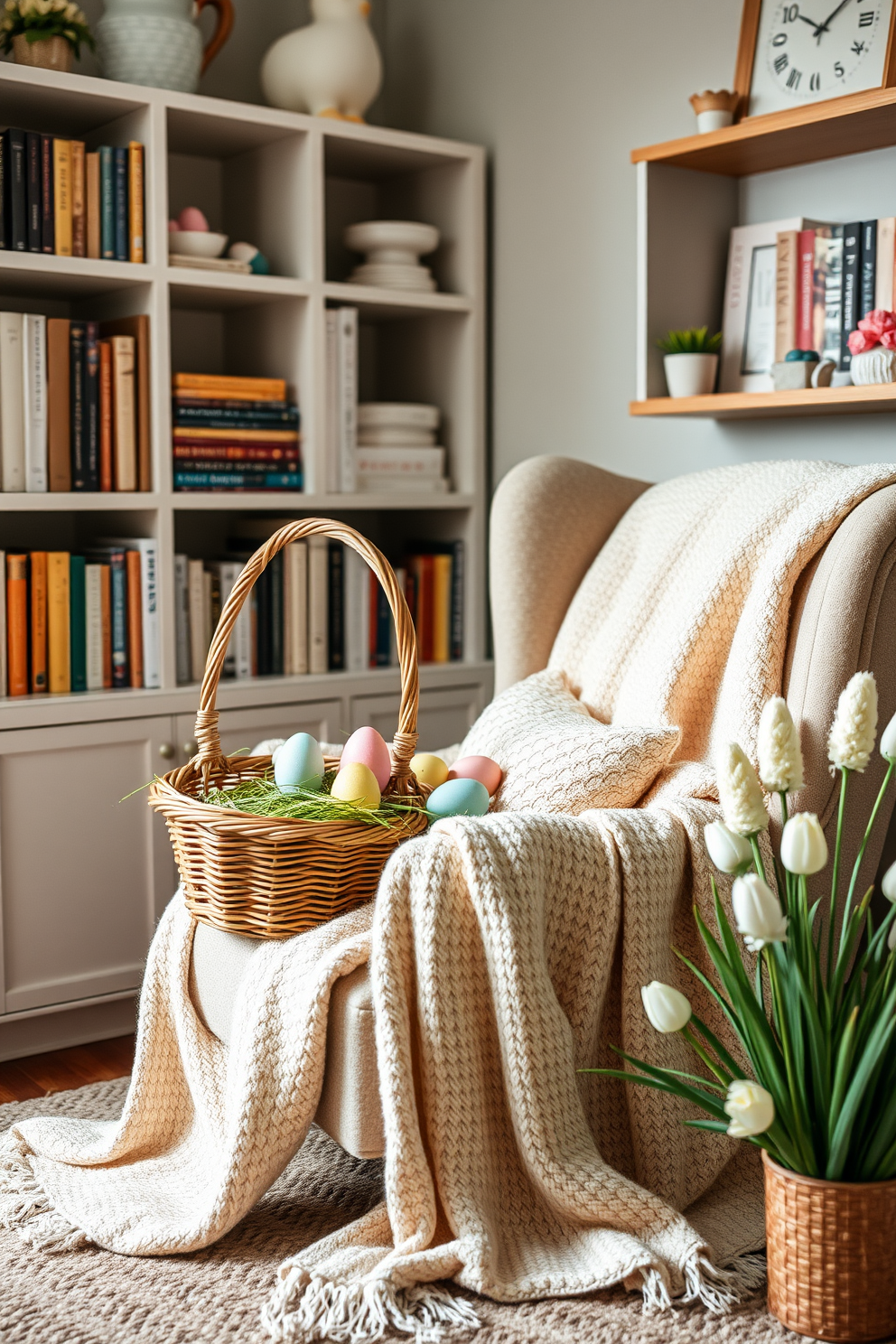 A charming wicker basket filled with colorful eggs sits in the corner of a cozy reading nook. The nook features a plush armchair draped with a soft throw blanket, surrounded by shelves filled with books and spring-themed decorations.