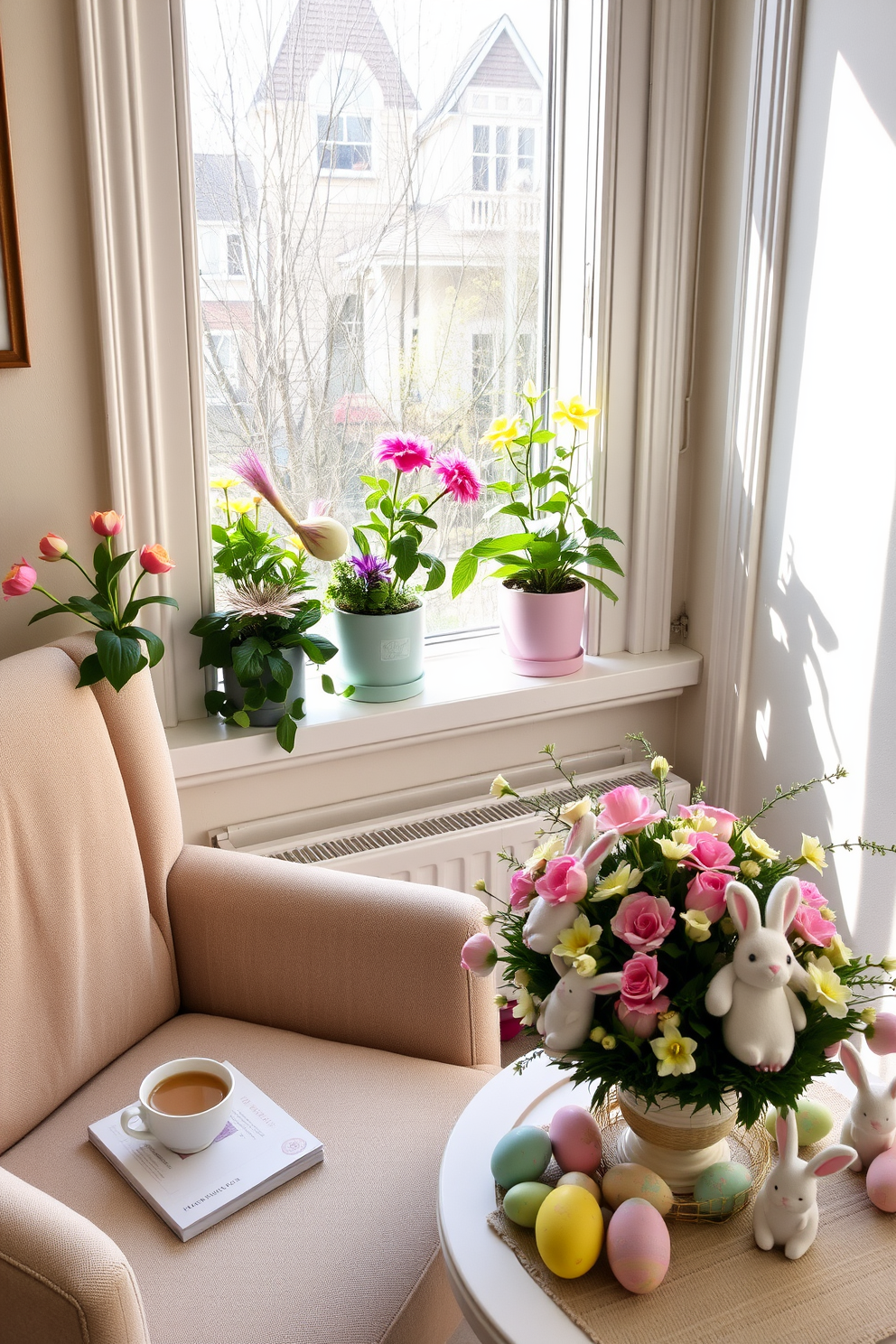 A cozy reading nook with a comfortable armchair upholstered in soft fabric. A small side table holds a steaming cup of tea and a stack of books, while a large window lets in natural light and offers a view of blooming potted plants. Brightly colored potted plants are arranged on a windowsill, adding a fresh spring vibe to the space. The plants feature vibrant flowers and lush green leaves, bringing life and color to the room. Easter decorations are tastefully displayed around the room, featuring pastel-colored eggs and delicate bunny figurines. A cheerful table centerpiece showcases a floral arrangement, enhancing the festive atmosphere.