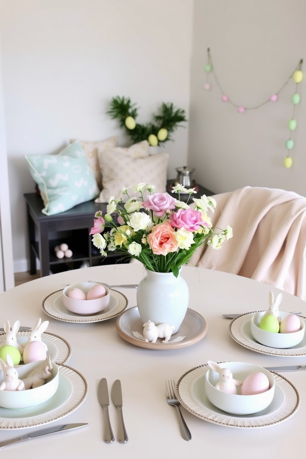 A charming Easter-themed table is set with pastel-colored dishes and whimsical centerpieces featuring bunnies and eggs. Fresh flowers in soft hues are arranged in a decorative vase at the center, creating a festive focal point for the gathering. The reading nook is adorned with cozy cushions in spring colors and a soft throw blanket draped over a comfortable chair. Easter decorations, such as small egg garlands and bunny figurines, add a playful touch to the serene space.