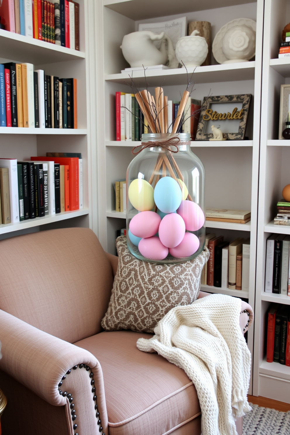 A cozy reading nook is adorned with a glass jar filled with beautifully DIY painted eggs in pastel colors. The nook features a plush armchair draped with a soft throw blanket, surrounded by shelves filled with books and decorative accents.